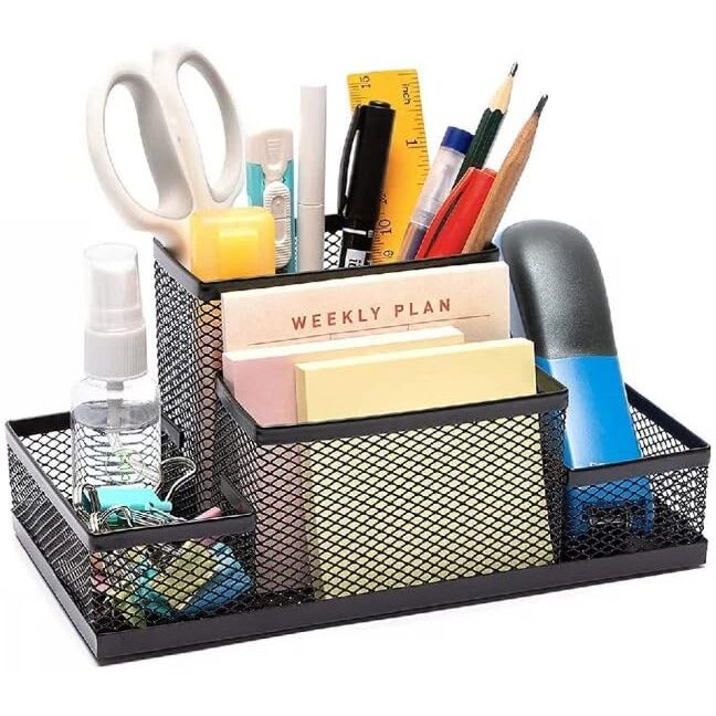 UCRAVO 1pcs Mesh Pen Pencil Holder with Post It Note Holders Desk Organizer, 4 Compartment Wire Desktop Pen Pencil Cup Office Supplies Accessories for Home Office School, Black, Stationery