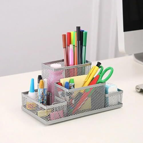 UCRAVO 1pcs Mesh Pen Pencil Holder with Post It Note Holders Desk Organizer, 4 Compartment Wire Desktop Pen Pencil Cup Office Supplies Accessories for Home Office School, Black, Stationery