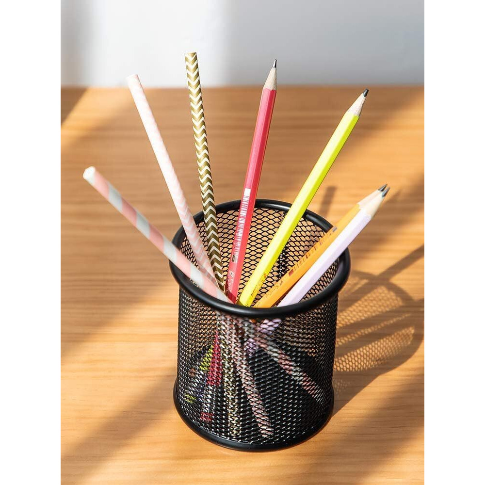 UCRAVO Black Round Mesh Pen Stand, Pencil Holder, Pen Organizer for Desk, Pen Cups, Stationary Storage Stand, Makeup Brush Holders, Pen, Pencil Holder for Office Home and Study Table