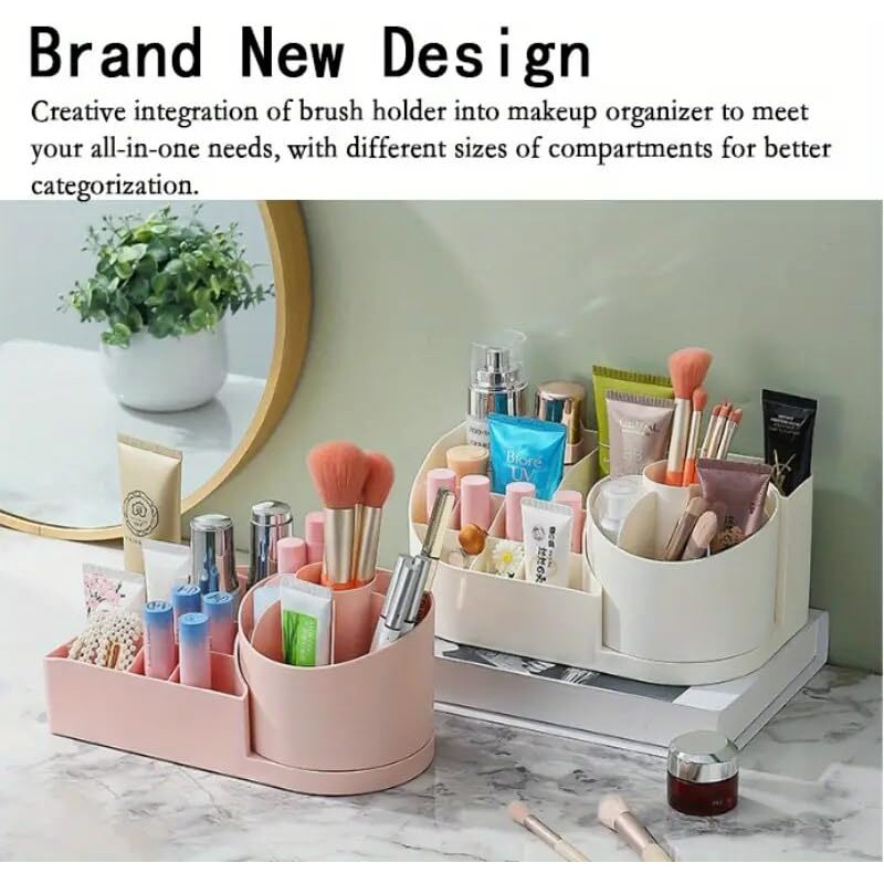 UCRAVO 1pc Venila White Makeup Organizer for Vanity Brush Holder Multi Grid Pen Holder, Dressing Table Skin Care Products Storage Rack, Rotating Makeup Brush Bucket, Desktop Cosmetic Storage Organizer