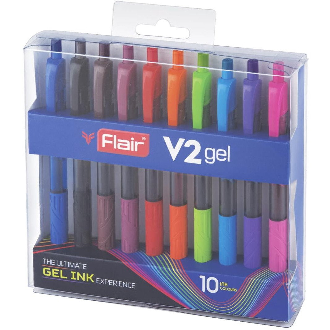 FLAIR V2 Retractable 0.7mm Gel Pen Box Pack | Water Proof, Smudge Free & Refillable Ink For Smooth Writing Experience | Comfortable Grip For Easy Handling | Set of 10 Different Ink Colors