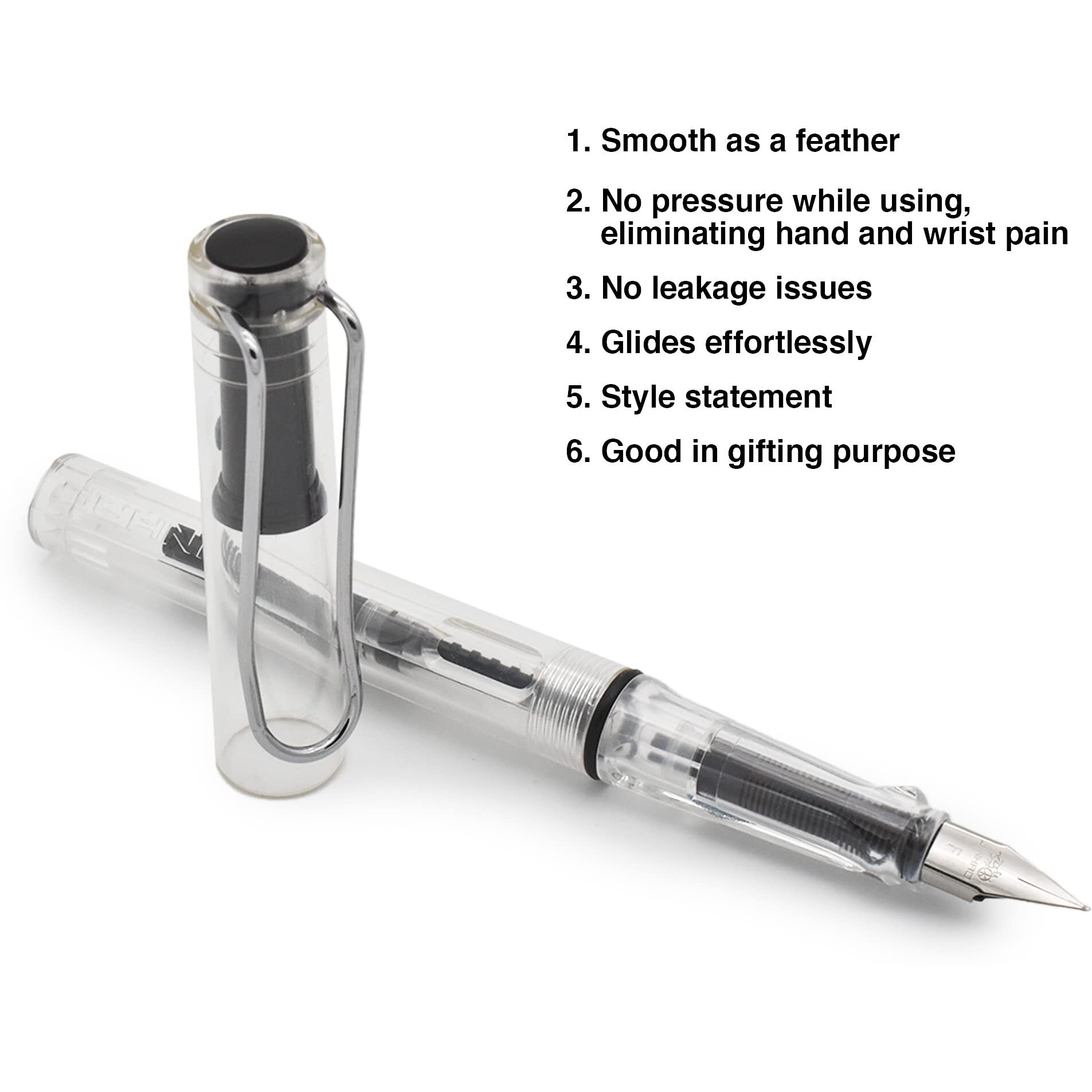 BUZZ COOL White Transparent Fountain Ink Pen With Ink Converter Pump | Clear Transparent Body Fountain Pen with Fine Nib(0.5mm) | Zero Ink Leakage Smooth Writing Ink Pen