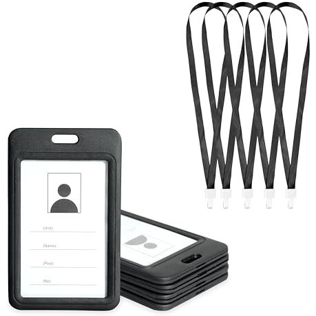 GLUN Black Vertical Plastic ID Card Holder Case Open Case with 5 Black Premium Straps, Double Sides Visible, Unisex ID Card Holder Case for Office, School and Colleges Pack of 5