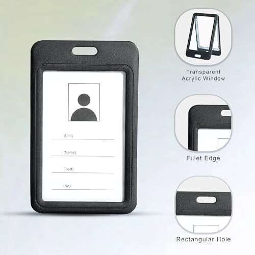 GLUN Black Vertical Plastic ID Card Holder Case Open Case with 5 Black Premium Straps, Double Sides Visible, Unisex ID Card Holder Case for Office, School and Colleges Pack of 5