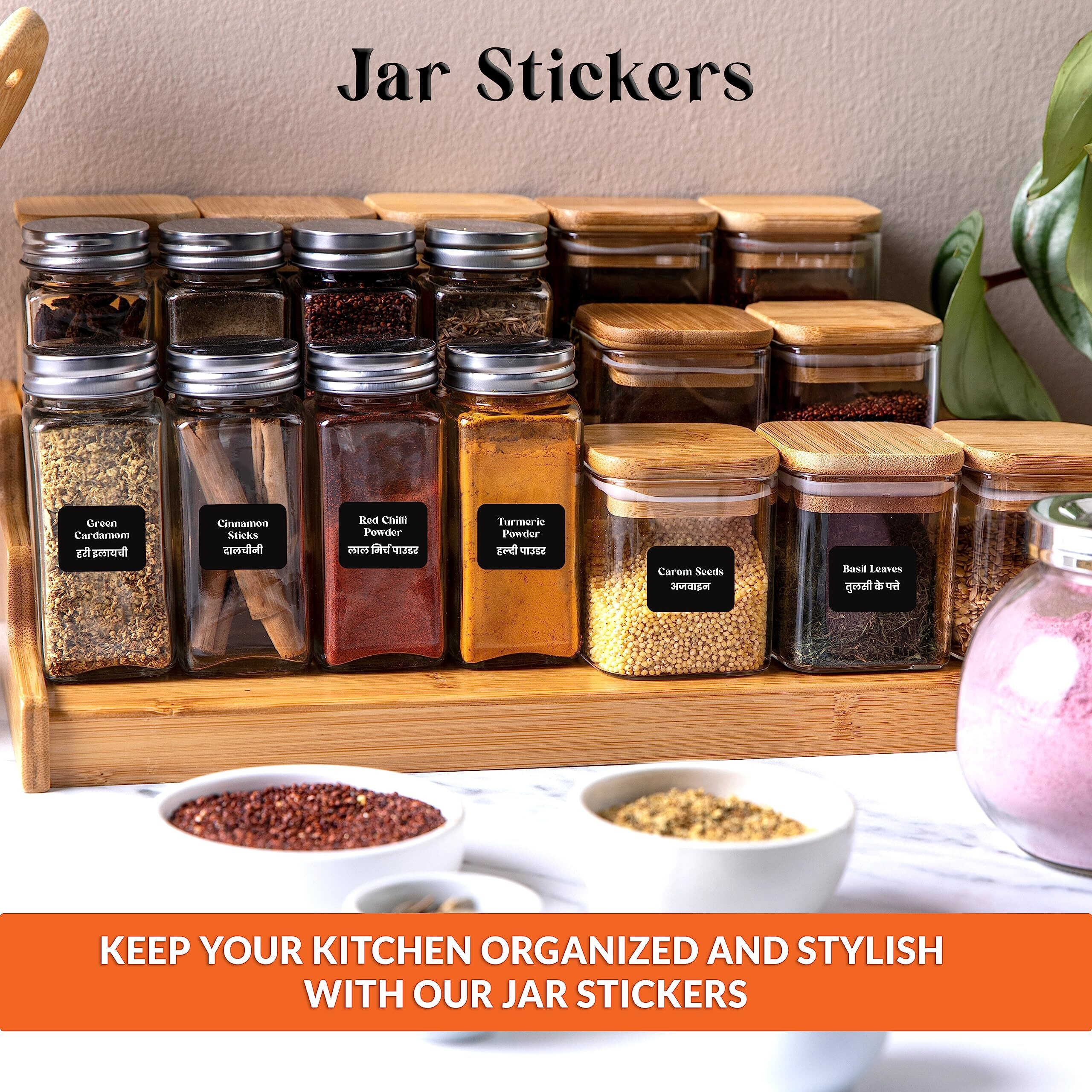 CLICKEDIN Label Set, White Text on Black Vinyl Waterproof Label Sticker with Removable Adhesive - Fits on Round, Square and Rectangle Glass Jars (Pack of 3 Sheets - 150 pcs)