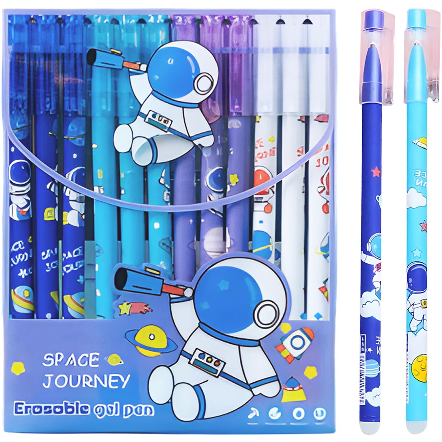 WISHKEY Plastic Astronaut Theme Pens for Kids, Erasable Ink 0.5mm Stationery Gel Pen Set for Girls & Boys, Adorable Colorful Pen for Project Work, Journal, Art and Craft, Blue Ink, 8+Years (Set of 12)
