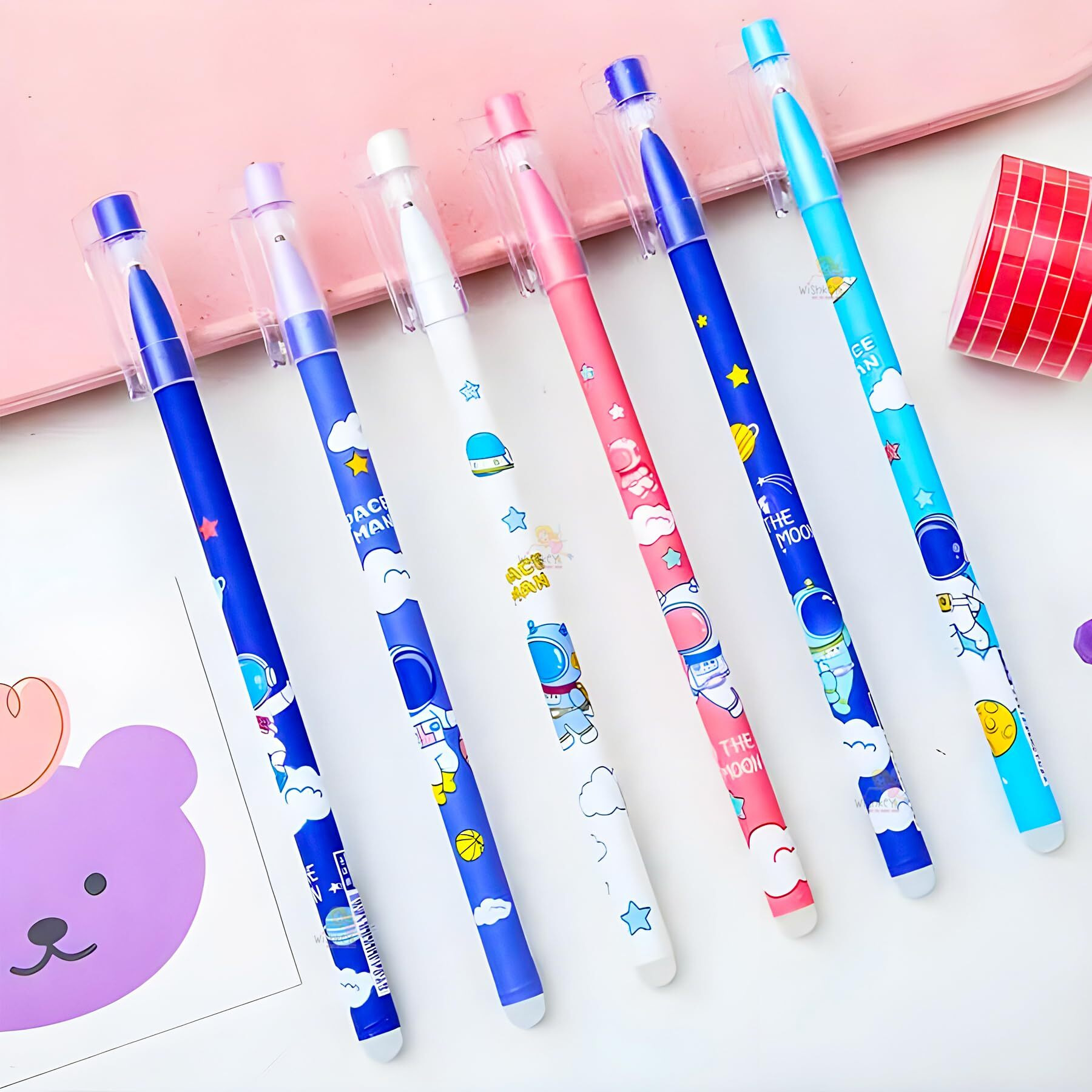 WISHKEY Plastic Astronaut Theme Pens for Kids, Erasable Ink 0.5mm Stationery Gel Pen Set for Girls & Boys, Adorable Colorful Pen for Project Work, Journal, Art and Craft, Blue Ink, 8+Years (Set of 12)