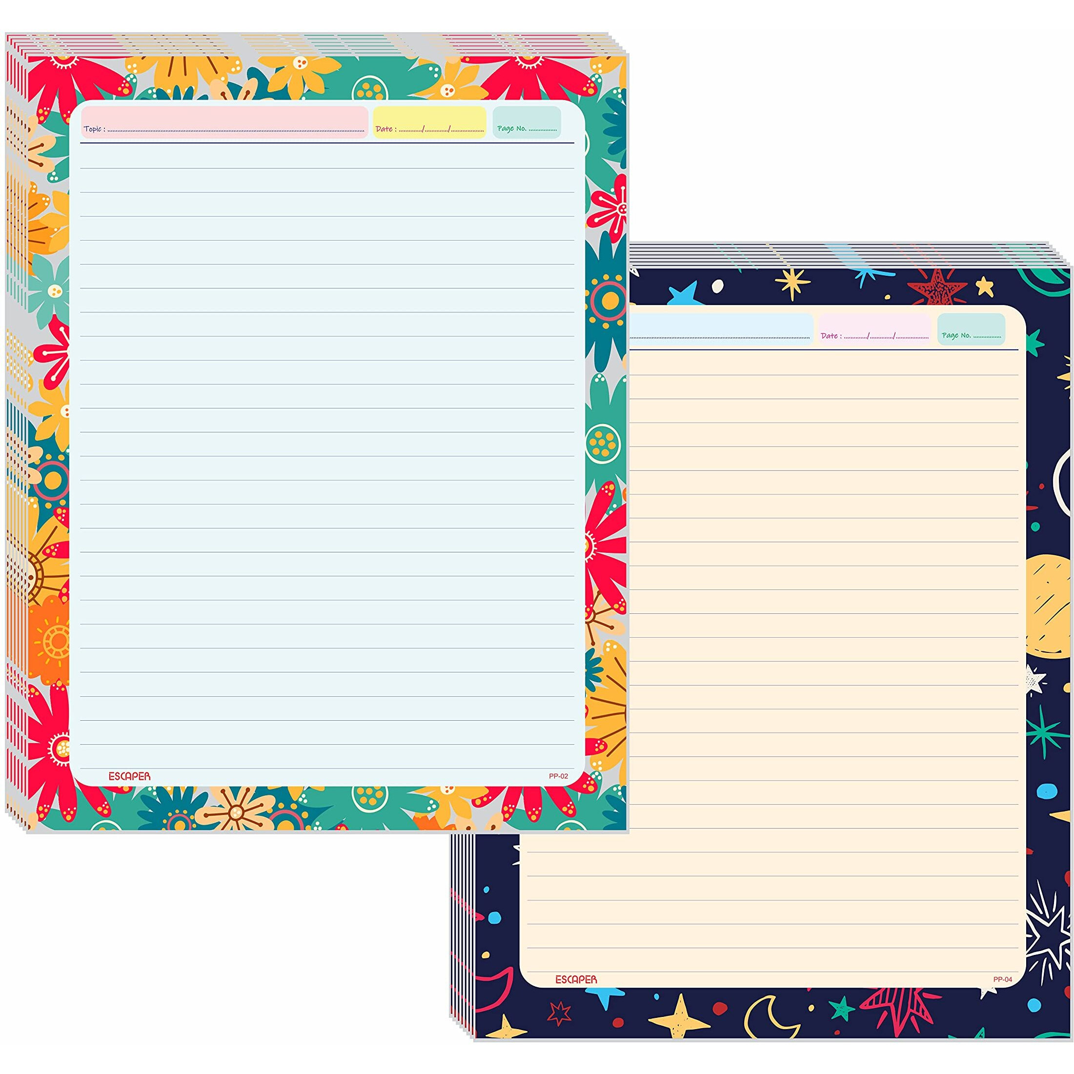 ESCAPER Flowers & Sky Themes Project Papers - Multicolor Practical Sheets for Assignment, Art & Craft One Side Ruled Lines Paper, Designer Ruled Coloured Paper, Perfect for School Projects