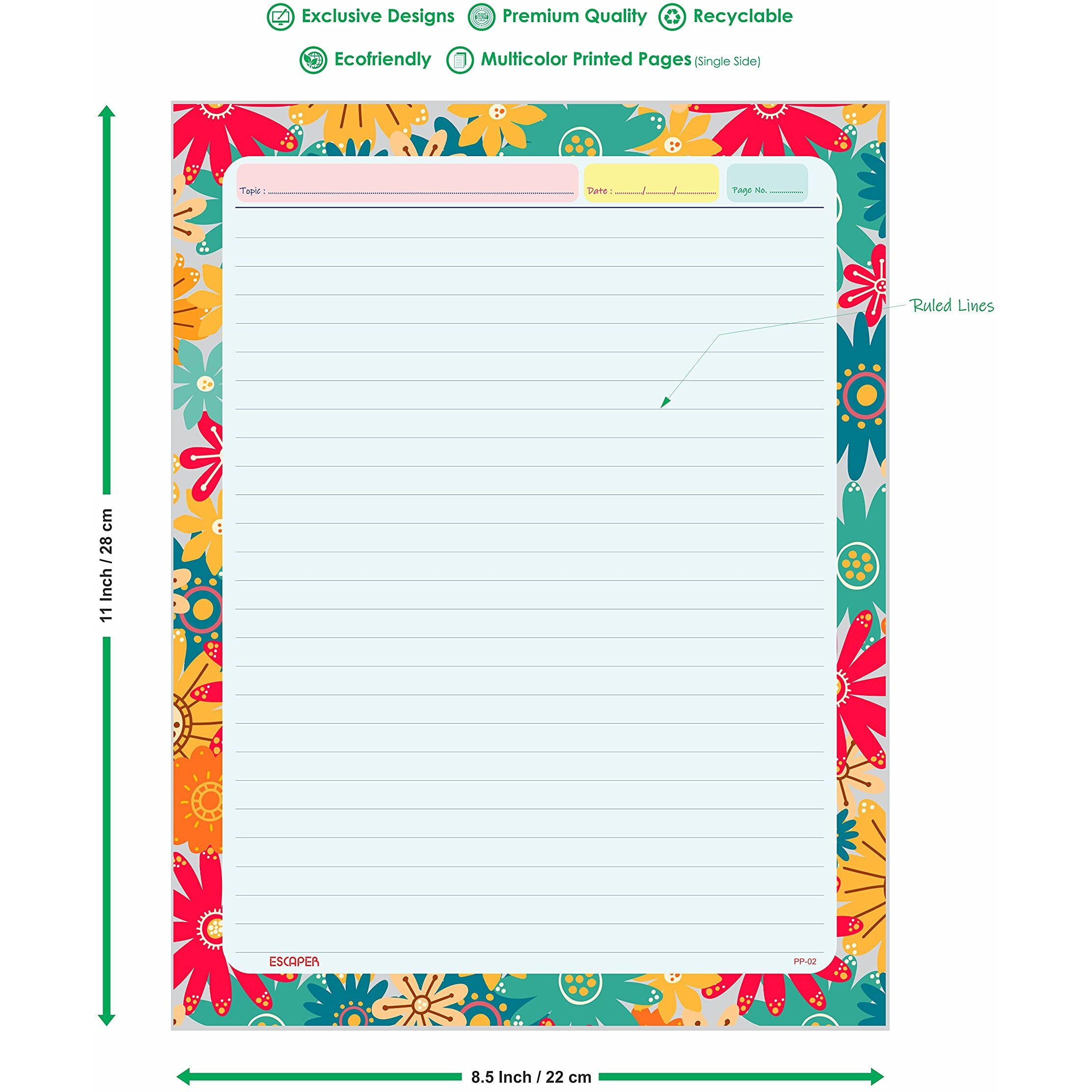 ESCAPER Flowers & Sky Themes Project Papers - Multicolor Practical Sheets for Assignment, Art & Craft One Side Ruled Lines Paper, Designer Ruled Coloured Paper, Perfect for School Projects