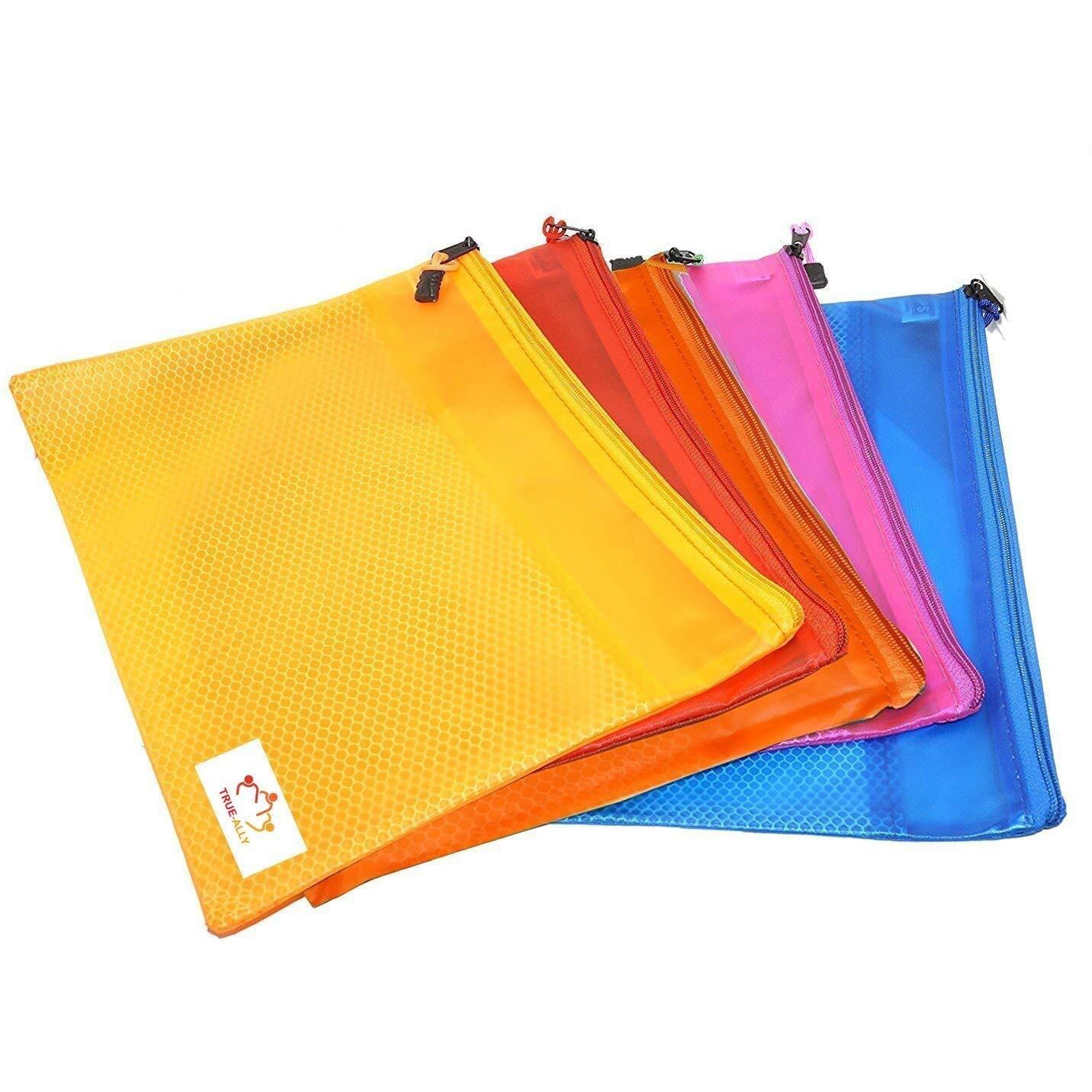 True-Ally 5 Pieces Transparent Pouch - Heavy-Duty Plastic Reinforced With Threads - Mesh Bag With Zipper For Organize Supplies (Colour May Vary, 21cm X 15cm)(A5)