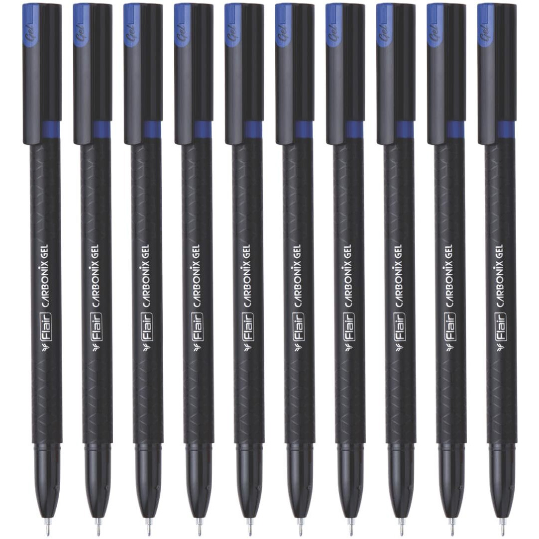 FLAIR Carbonix 0.5mm Gel Pen Box Pack | Low-Viscosity Ink For Smudge Free Writing | Comfortable Grip For Smooth Writing Experience | Blue Ink, Pack of 10 Pens