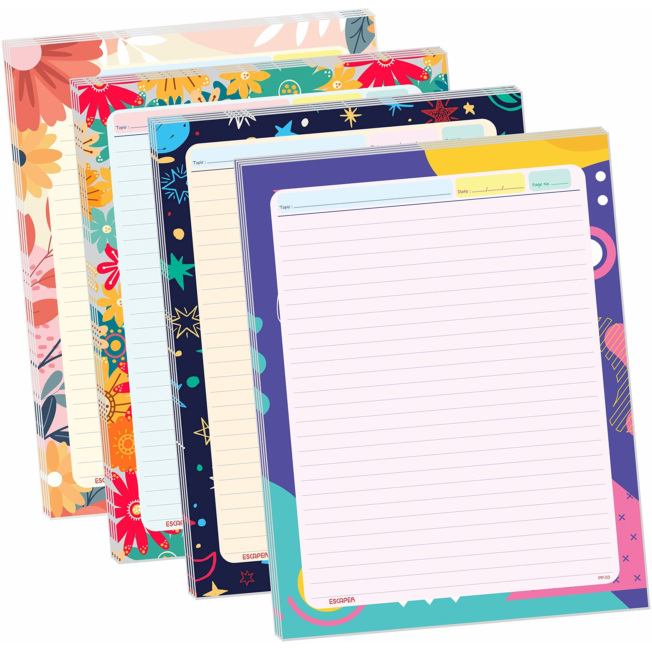 ESCAPER Abstract, Sky Printed & Flowers Themes Project Papers - Multicolor Practical Sheets for Assignment, Art & Craft One Side Ruled Lines Paper, Designer Ruled Coloured Paper