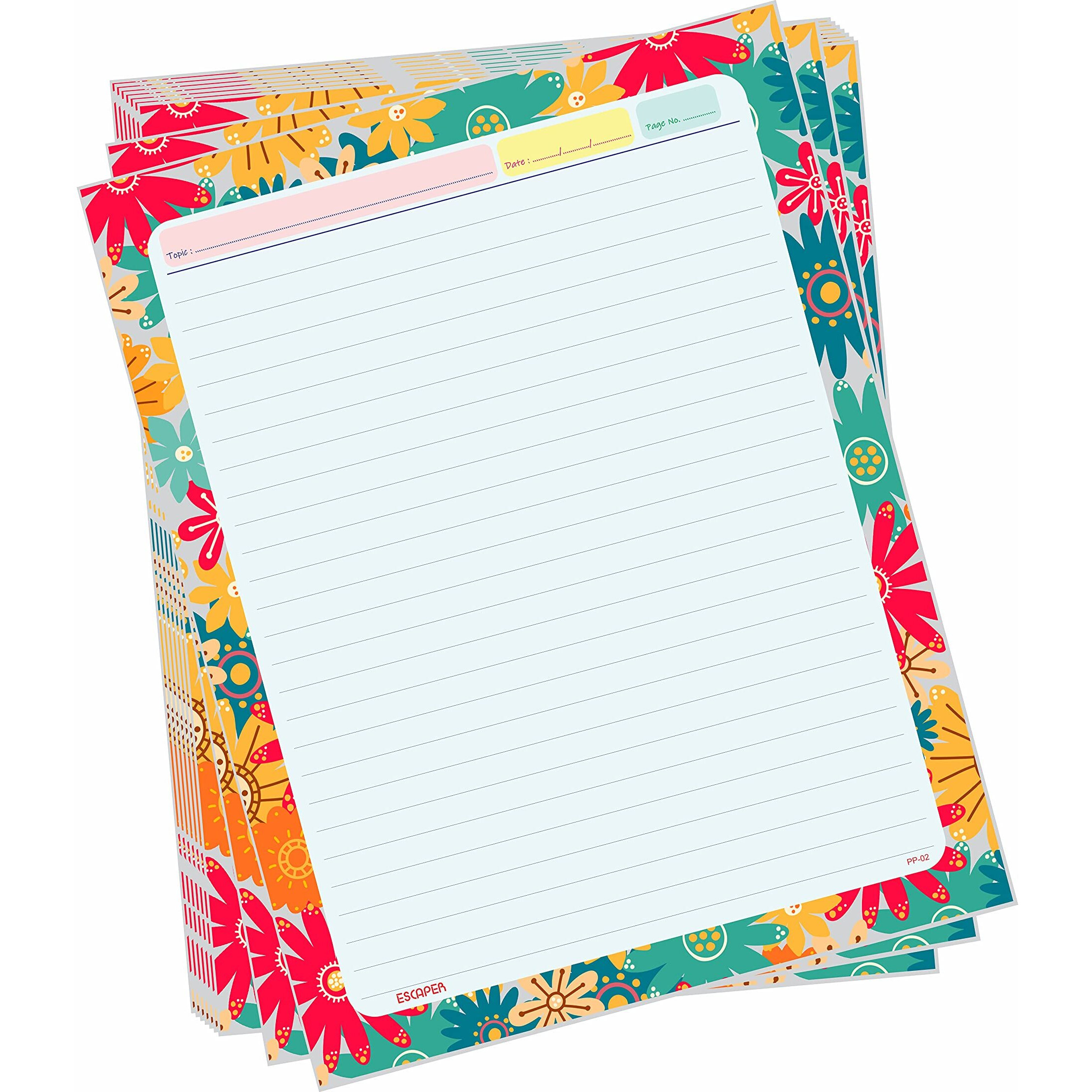 ESCAPER Floral Theme Project Papers - Multicolor Practical Sheets for Assignment, Art & Craft One Side Ruled Lines Paper, Designer Ruled Coloured Paper, Perfect for School Projects