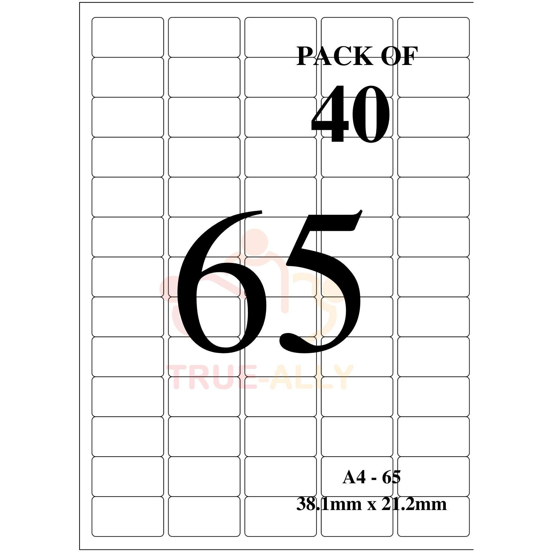 True-Ally A4 Size White Self Adhesive Label/Sticker for Printer (Inkjet/Copier/Laser) - 65 Sticker Per Sheet - 40 Sheets Pack (A4ST65-40 Sheets)