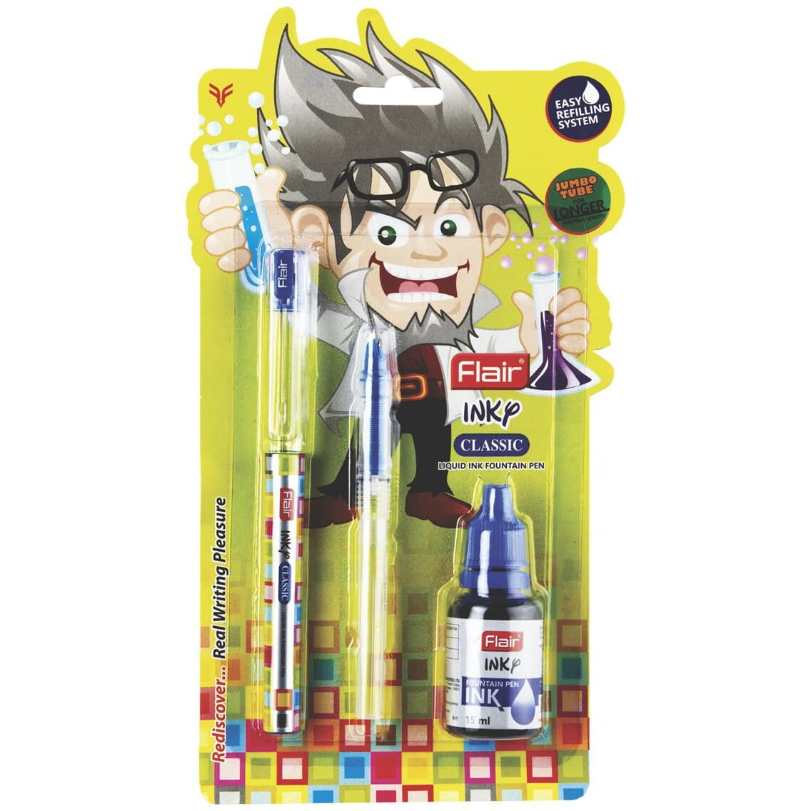 FLAIR Inky Series Classic Liquid Ink Fountain Pen Blister Pack | Easy Refilling With Jumbo Tube For Longer Writing | Cute & Stylish Pen For Kids Girls Boys Students Teens Gifts | Blue Ink, Pack Of 3