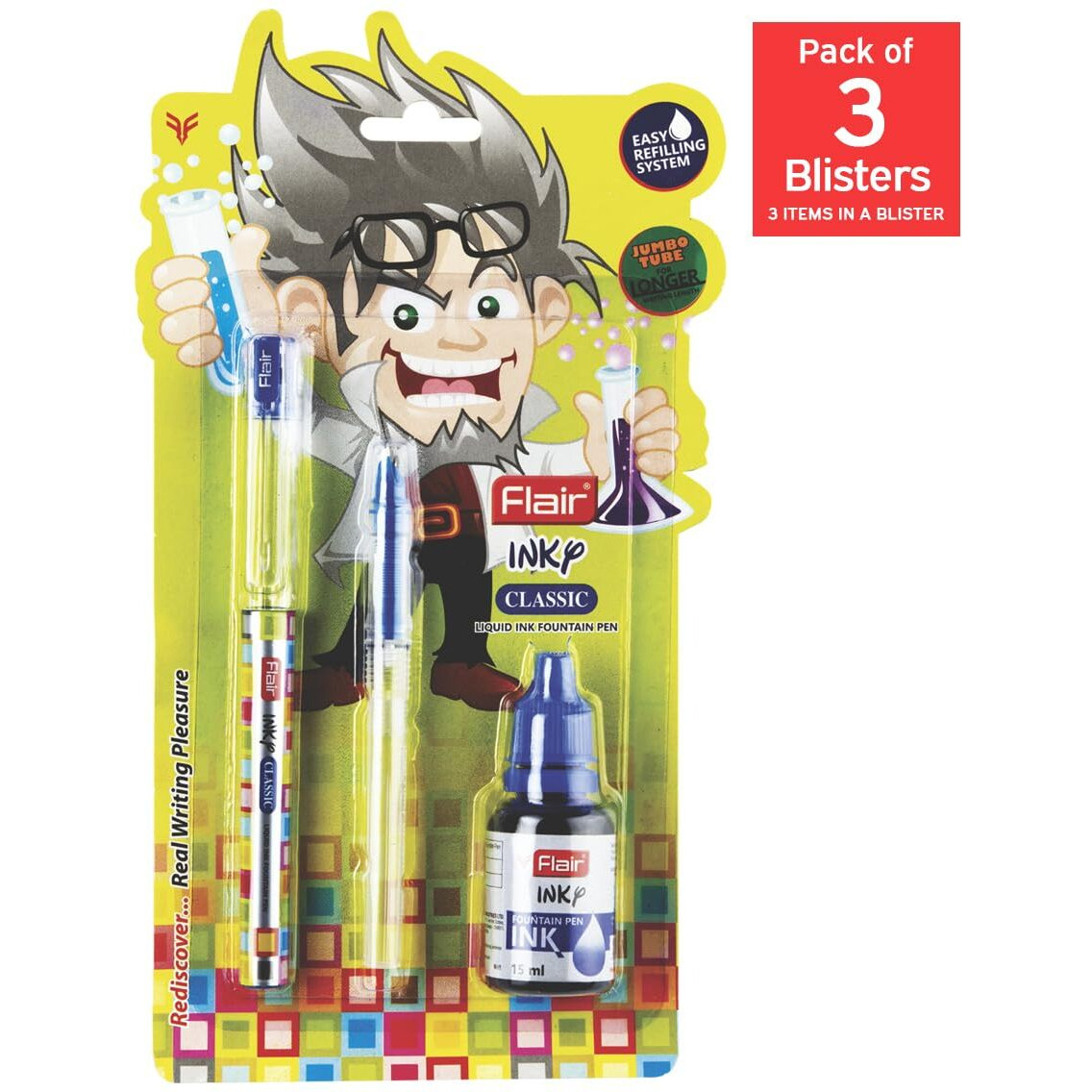 FLAIR Inky Series Classic Liquid Ink Fountain Pen Blister Pack | Easy Refilling With Jumbo Tube For Longer Writing | Cute & Stylish Pen For Kids Girls Boys Students Teens Gifts | Blue Ink, Pack Of 3