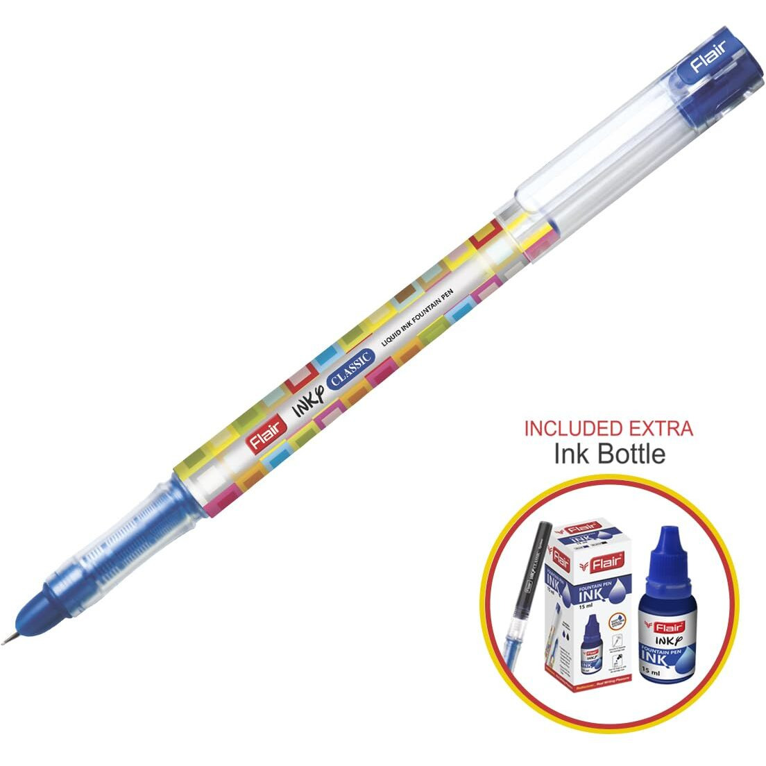 FLAIR Inky Series Classic Liquid Ink Fountain Pen Blister Pack | Easy Refilling With Jumbo Tube For Longer Writing | Cute & Stylish Pen For Kids Girls Boys Students Teens Gifts | Blue Ink, Pack Of 3