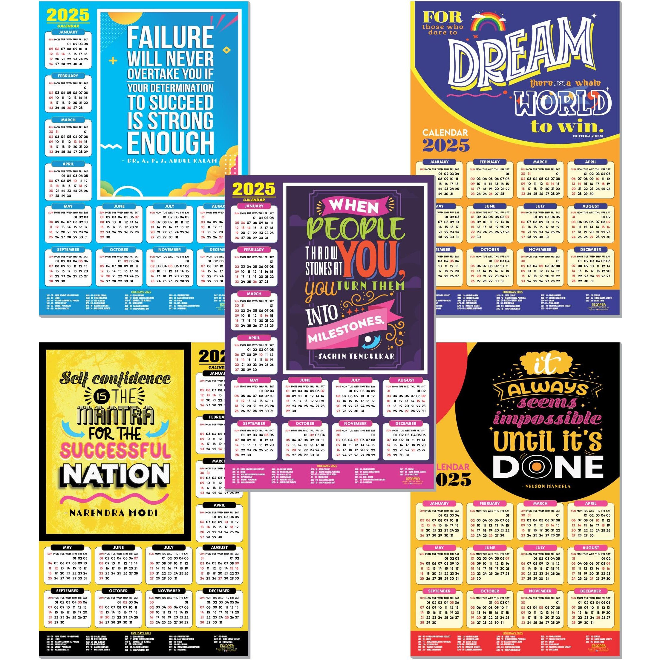 ESCAPER Motivational New Year Wall Calendar 2025 (45x30 cm) (Jumbo 5 Calendars Pack (WC 01 To 05))