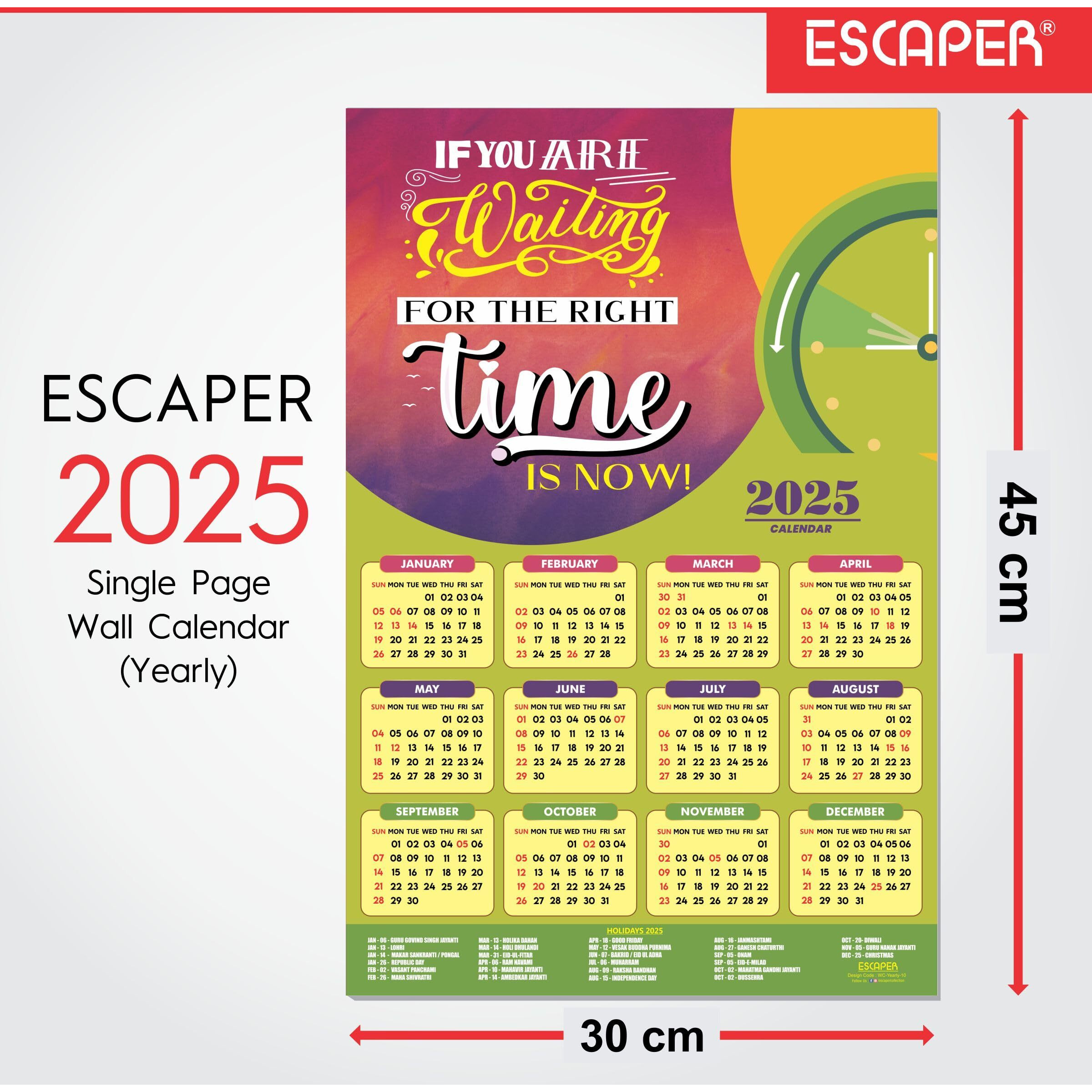 ESCAPER Motivational New Year Wall Calendar 2025 (45x30 cm) (Right Time is Now (WC-10))