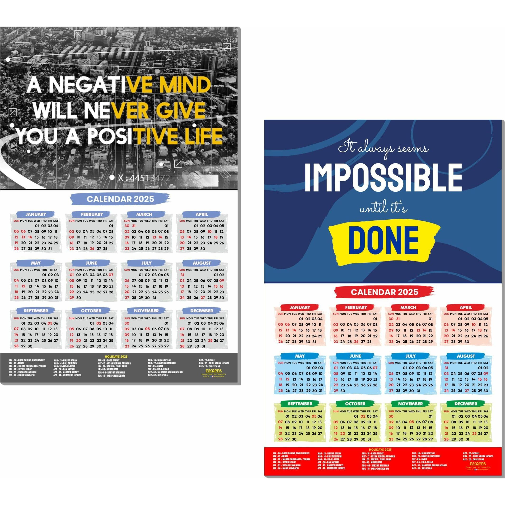 ESCAPER Motivational New Year Wall Calendar 2025 (45x30 cm) (Pack of 2 Calendars (WC - 501,502))