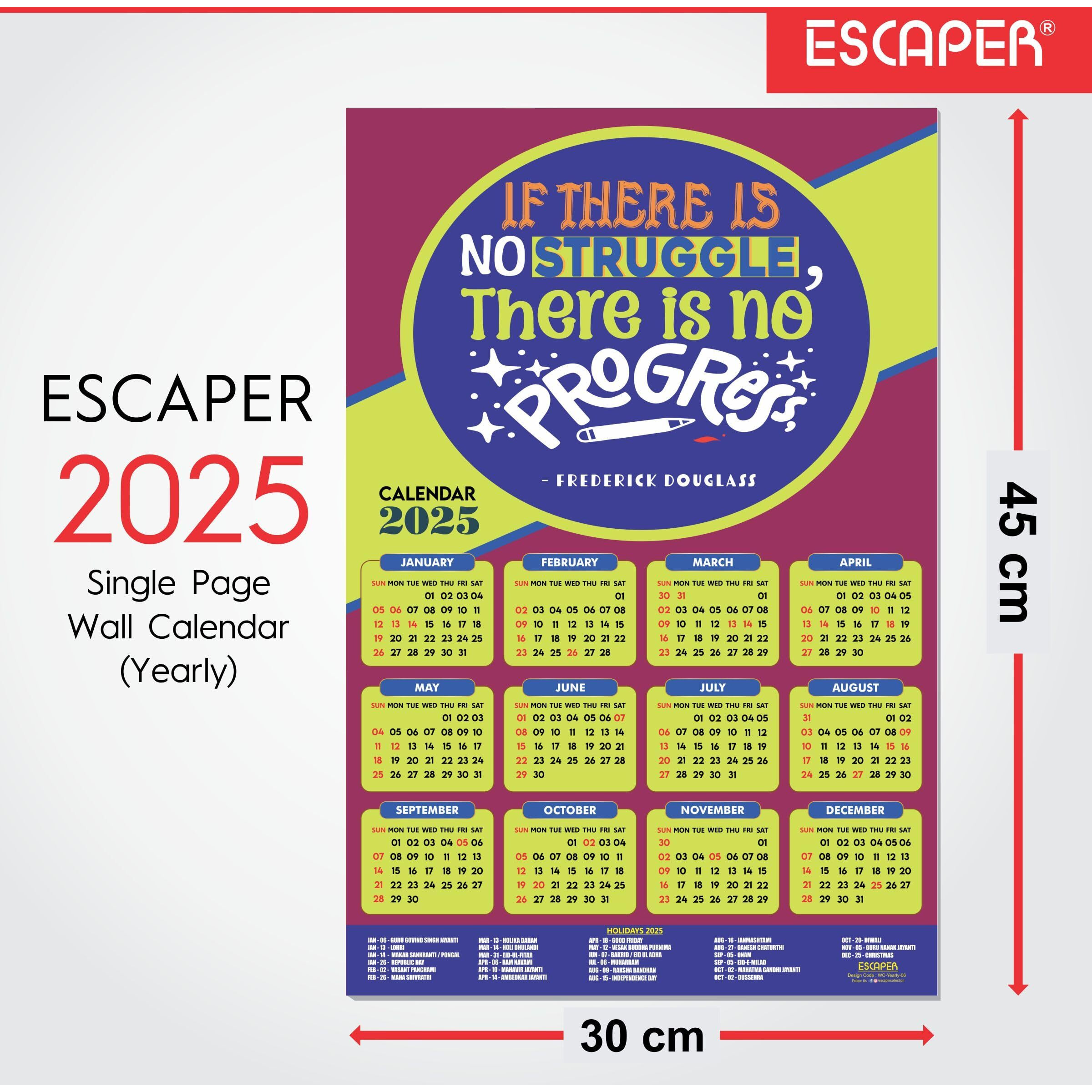 ESCAPER Motivational New Year Wall Calendar 2025 (45x30 cm) (Progress - By Frederick Douglass (WC-06))