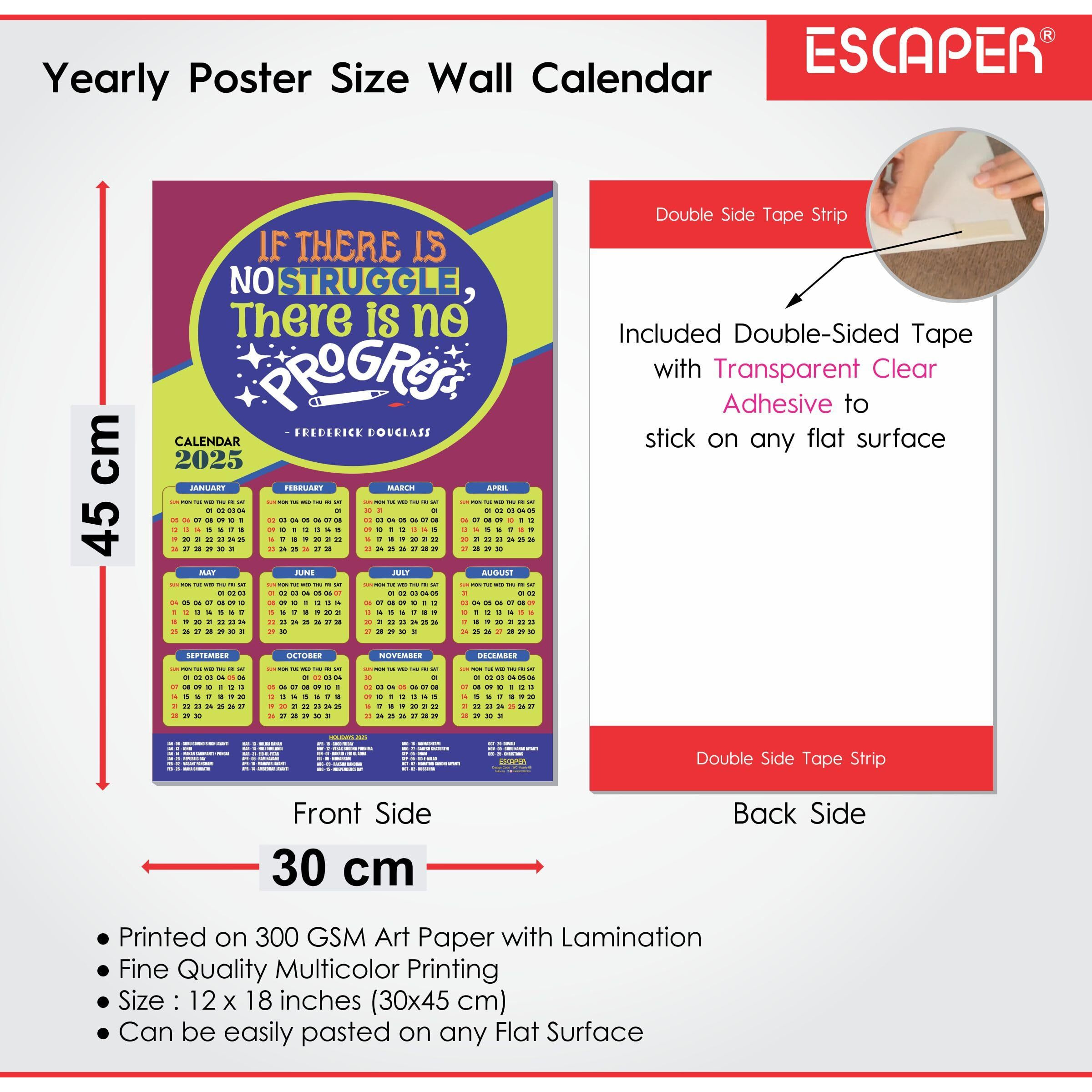 ESCAPER Motivational New Year Wall Calendar 2025 (45x30 cm) (Progress - By Frederick Douglass (WC-06))