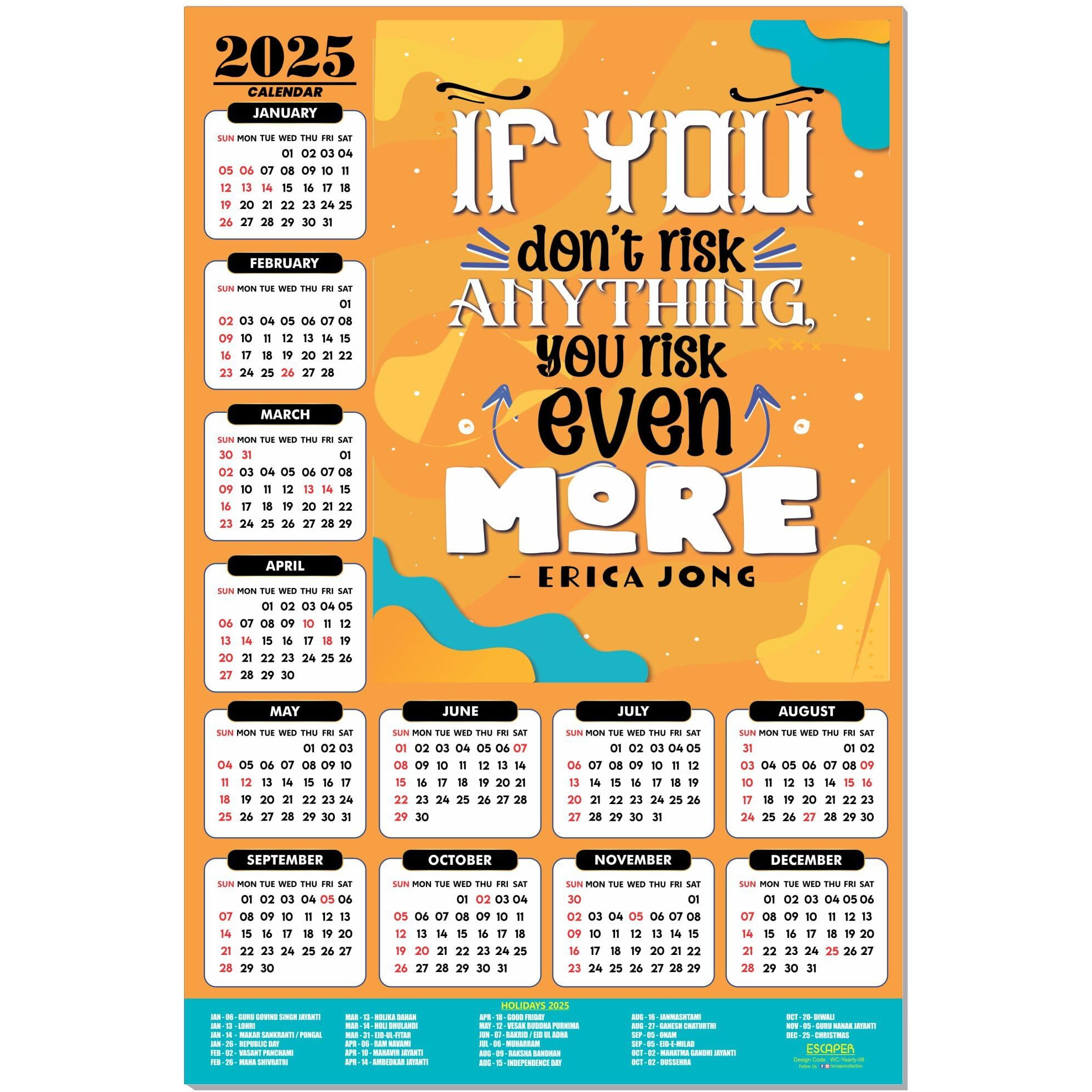 ESCAPER Motivational New Year Wall Calendar 2025 (45x30 cm) (More - By Erica Jong (WC-08))