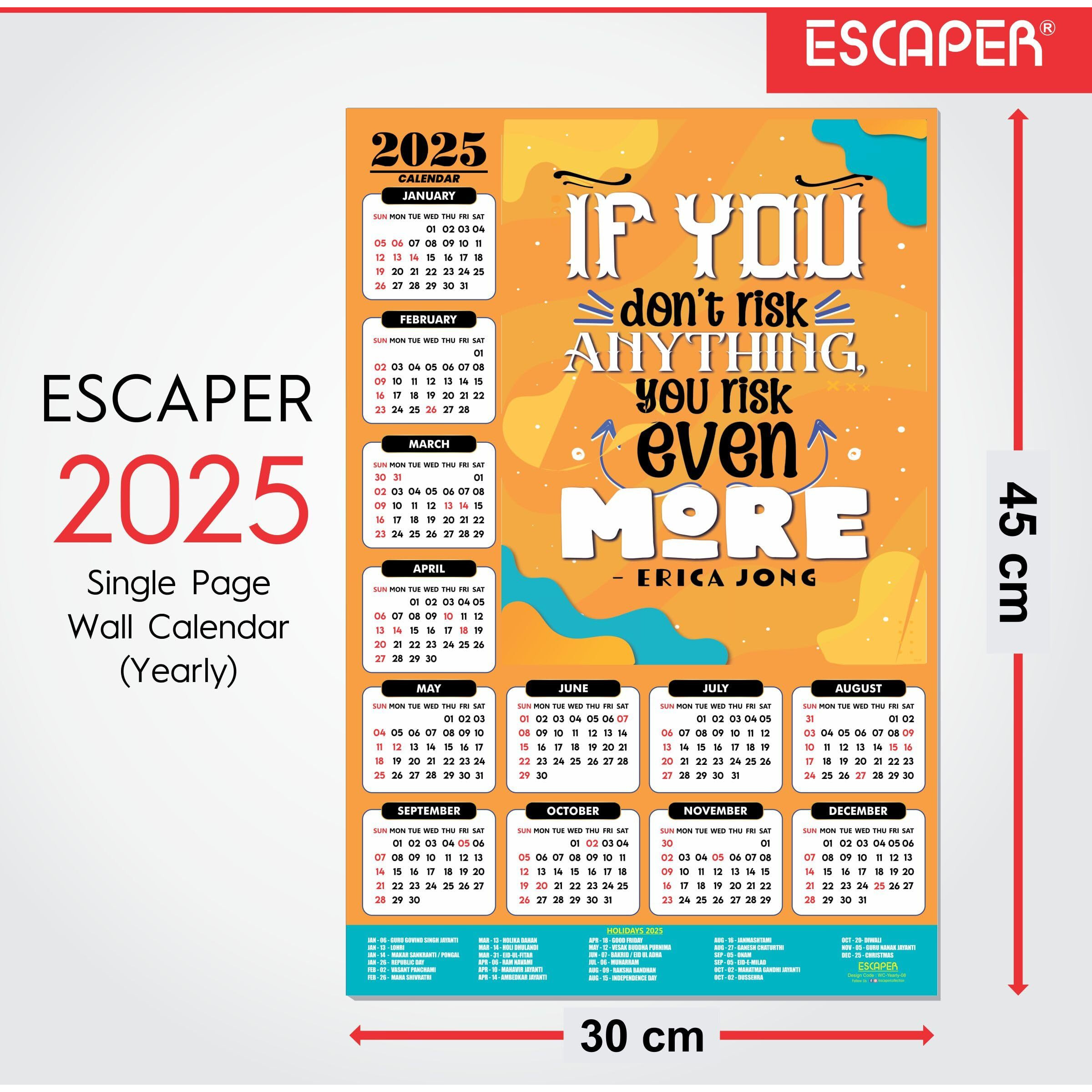 ESCAPER Motivational New Year Wall Calendar 2025 (45x30 cm) (More - By Erica Jong (WC-08))