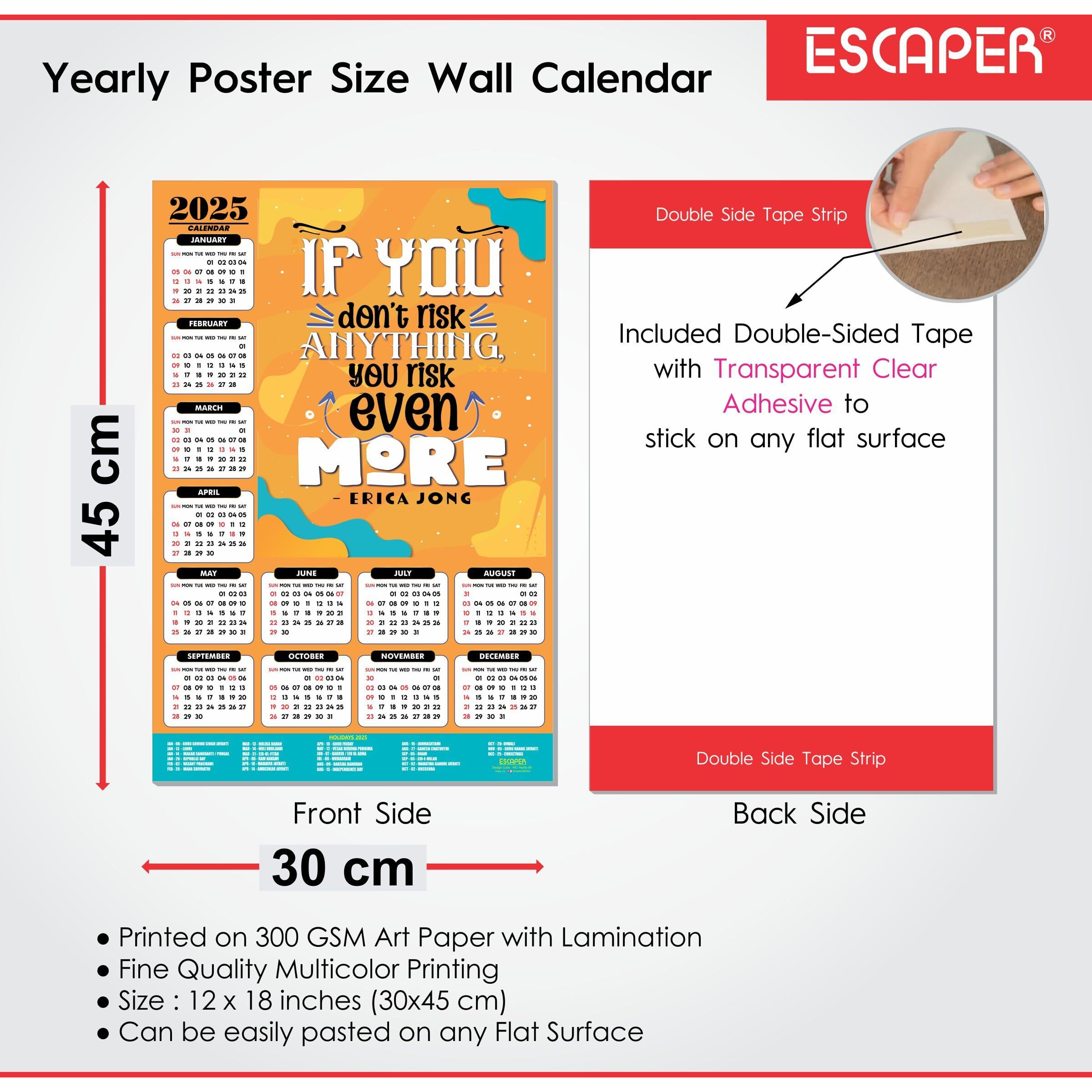 ESCAPER Motivational New Year Wall Calendar 2025 (45x30 cm) (More - By Erica Jong (WC-08))