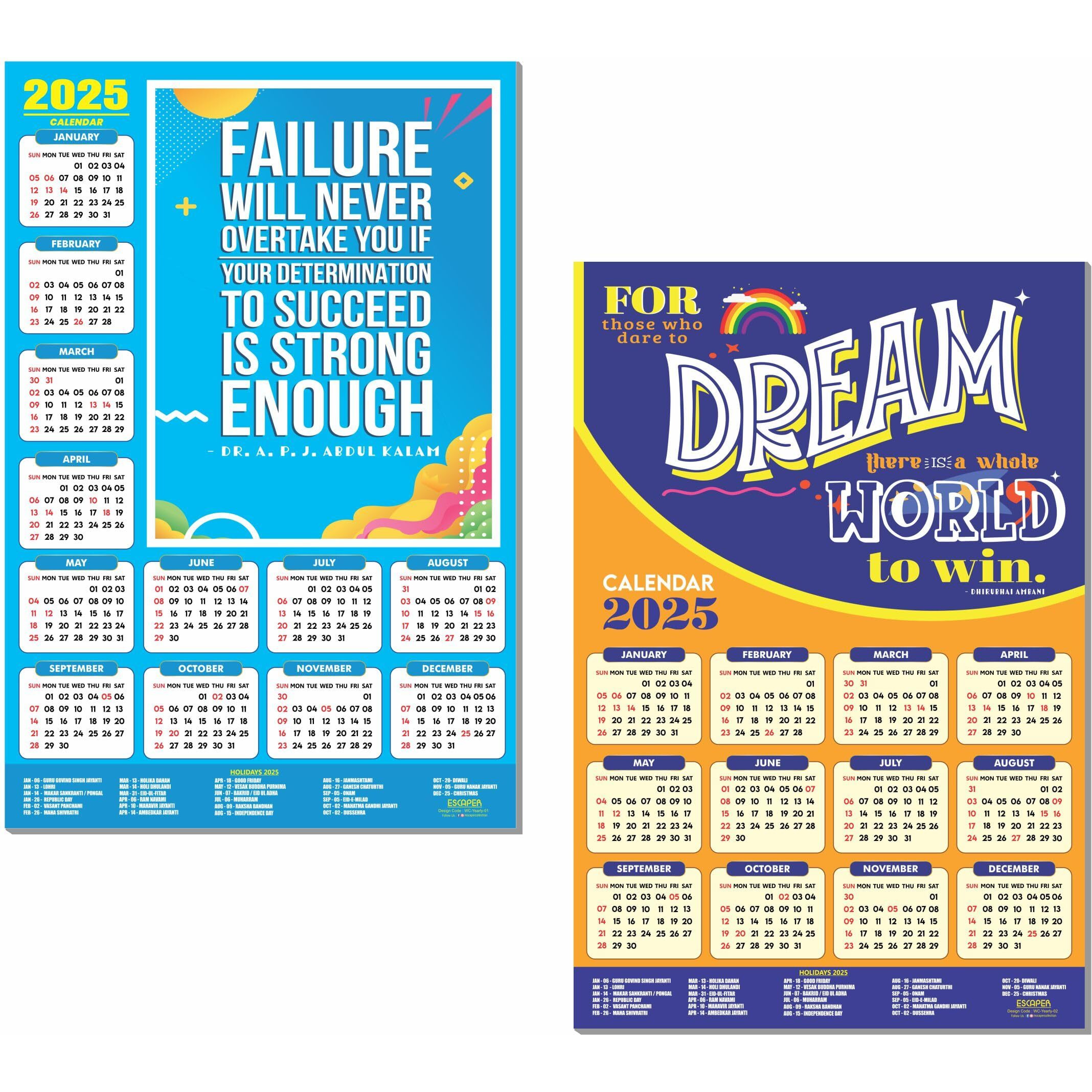 ESCAPER Motivational New Year Wall Calendar 2025 (45x30 cm) (Pack of 2 Calendars (WC - 01,02))