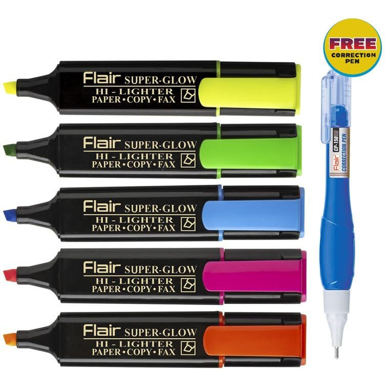 FLAIR 5 Shades Super Glow Highlighter Blister Pack | Ergonomic Grip with Pocket Clip for Comfortable Handling | Non-Toxic Ink & Safe for Childrens | Pack of 1