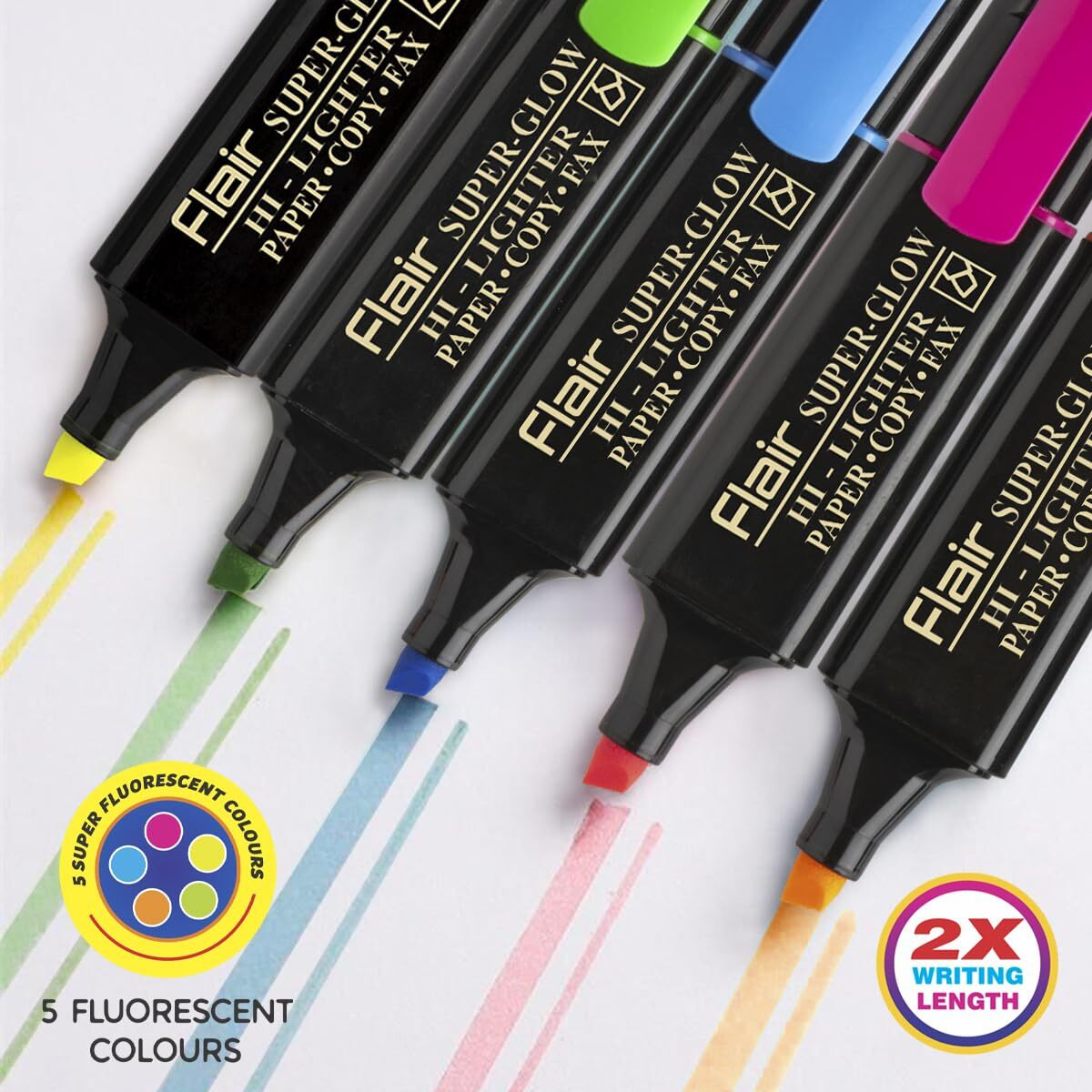 FLAIR 5 Shades Super Glow Highlighter Blister Pack | Ergonomic Grip with Pocket Clip for Comfortable Handling | Non-Toxic Ink & Safe for Childrens | Pack of 1