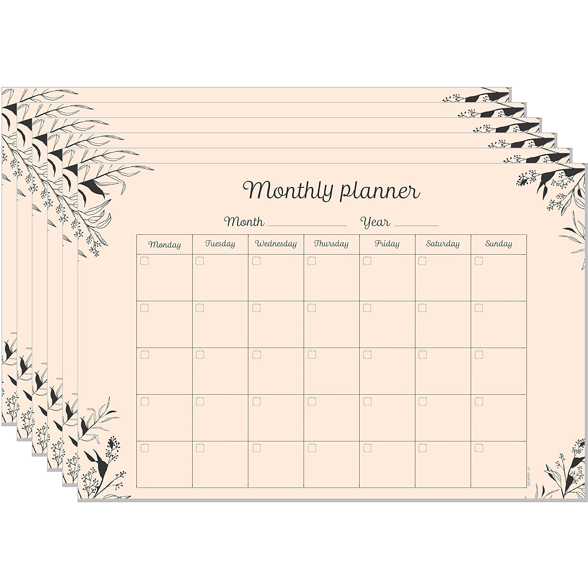 ESCAPER Flower Theme Monthly Planner Sheets - Pack of 6, A3-Sized Sheets for 6 Months of Productive Planning and Organizing