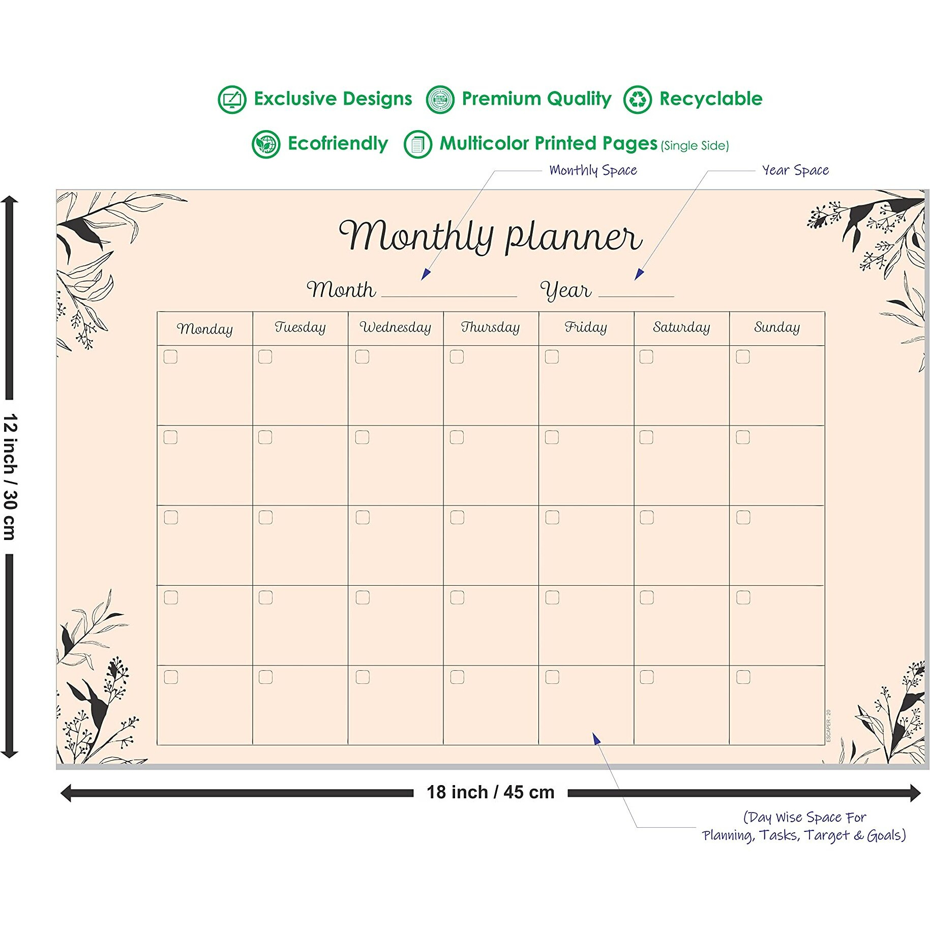ESCAPER Flower Theme Monthly Planner Sheets - Pack of 6, A3-Sized Sheets for 6 Months of Productive Planning and Organizing