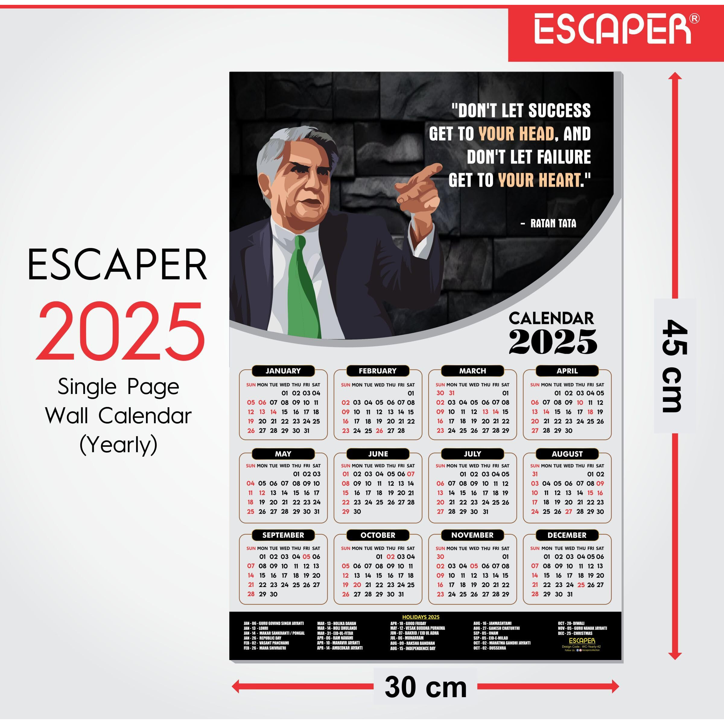 ESCAPER Ratan Tata Motivational Wall Calendar 2025 & Inspirational Quotes (12 x 18), Famous Quotes Wall Calendar 2025, Wall Calendar 2025 for Room Decoration, Wall Art
