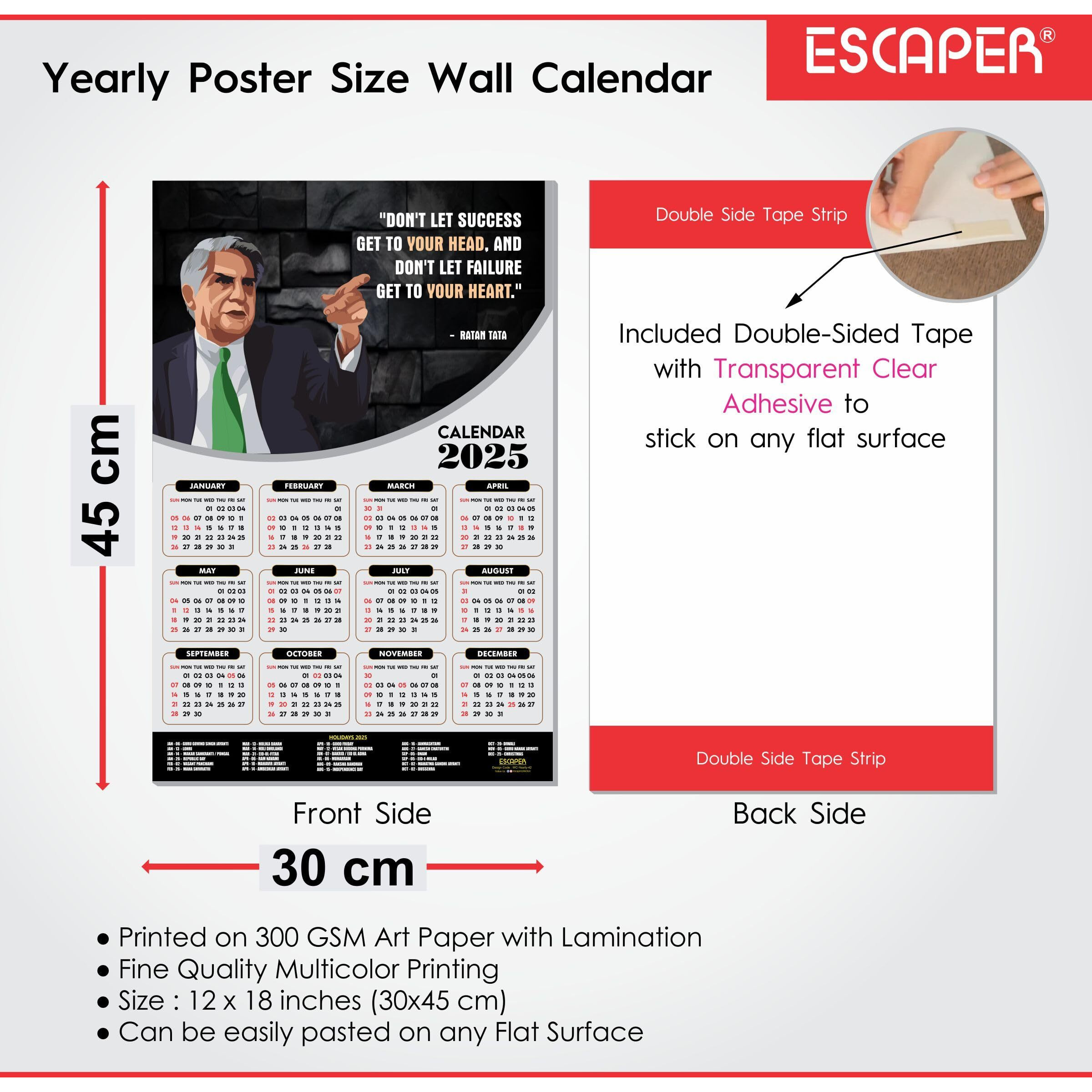 ESCAPER Ratan Tata Motivational Wall Calendar 2025 & Inspirational Quotes (12 x 18), Famous Quotes Wall Calendar 2025, Wall Calendar 2025 for Room Decoration, Wall Art