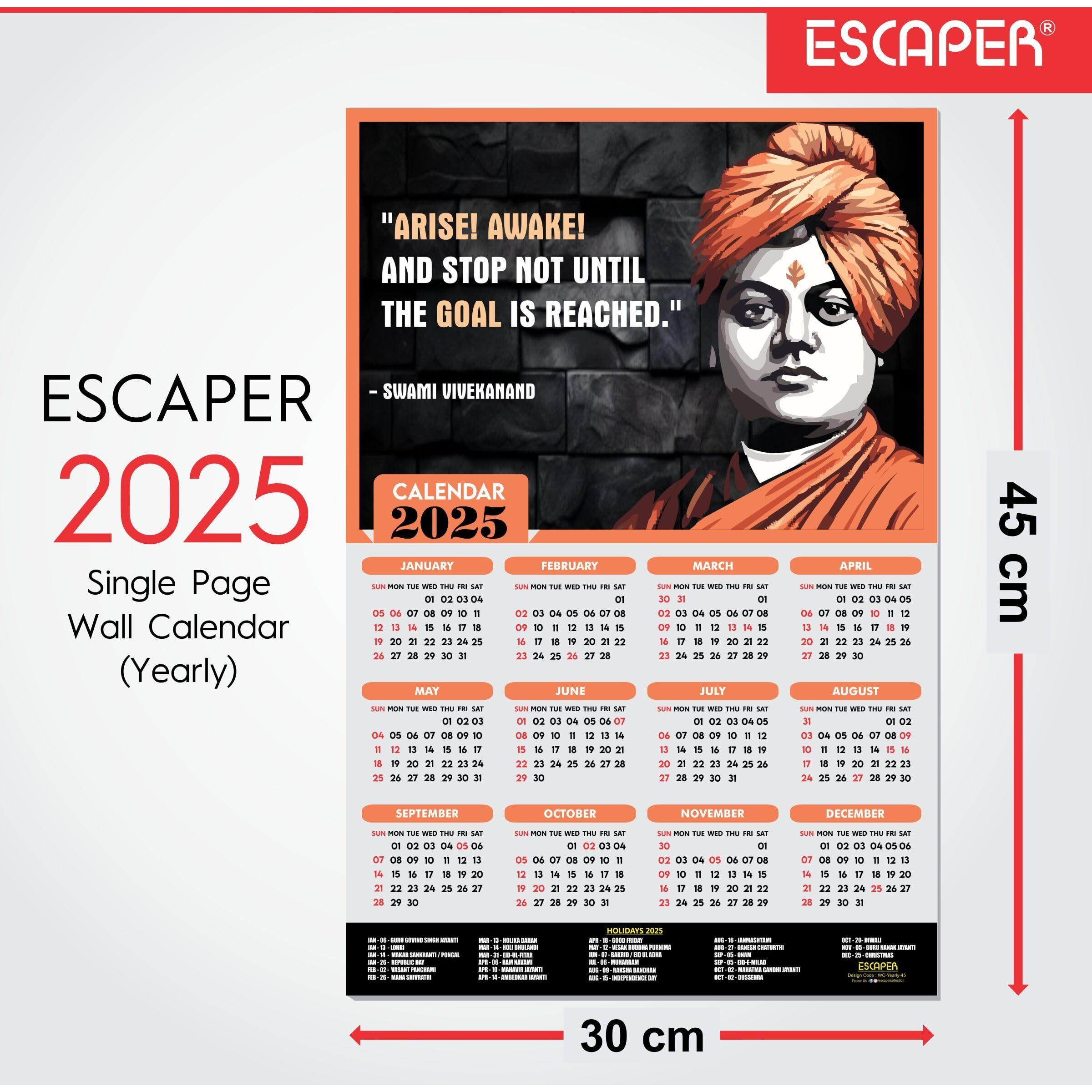 ESCAPER Motivational Wall Calendar 2025 & Inspirational Quotes (12 x 18, 300 GSM), Famous Quotes Wall Calendar 2025, Wall Calendar 2025 for Room Decoration, Wall Art