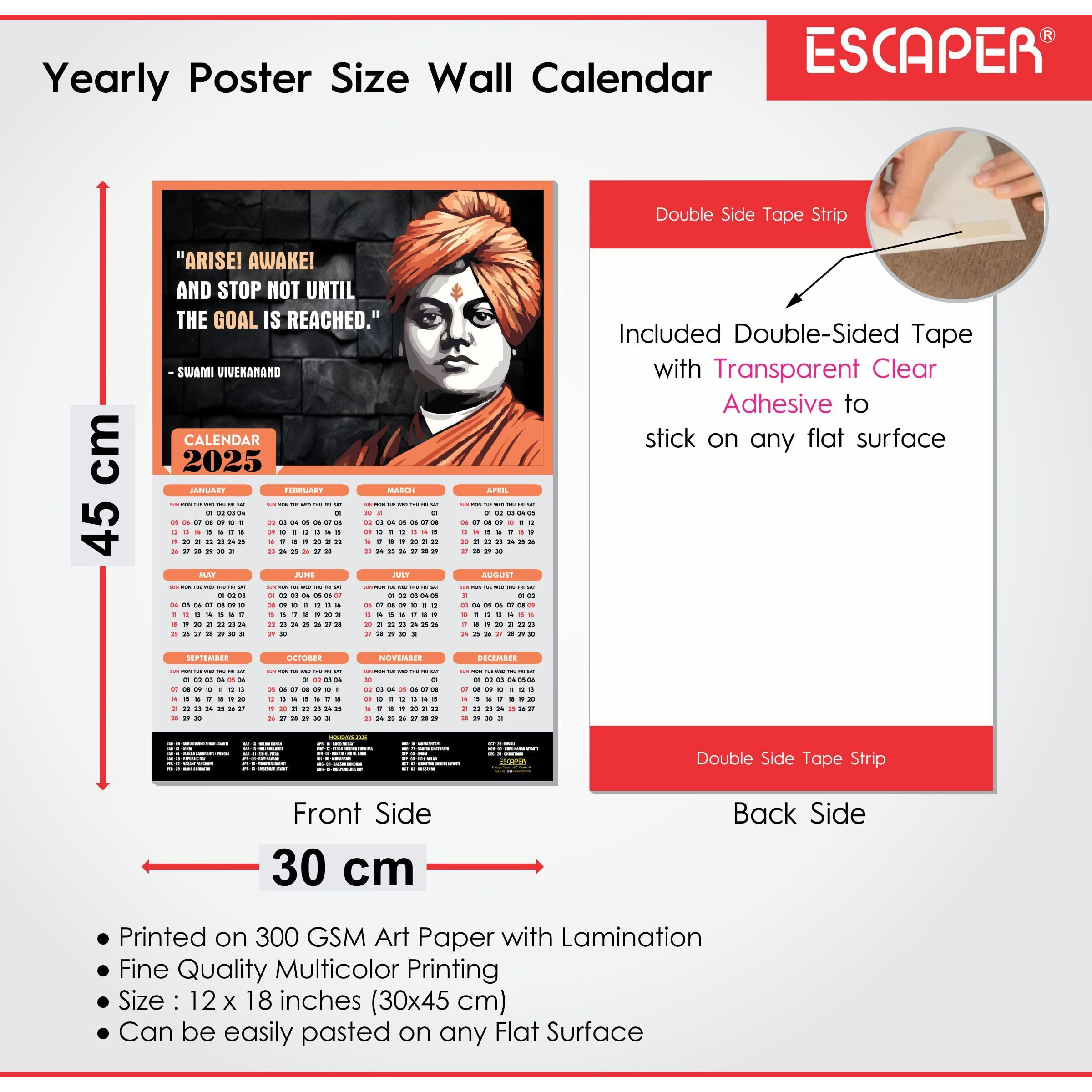 ESCAPER Motivational Wall Calendar 2025 & Inspirational Quotes (12 x 18, 300 GSM), Famous Quotes Wall Calendar 2025, Wall Calendar 2025 for Room Decoration, Wall Art