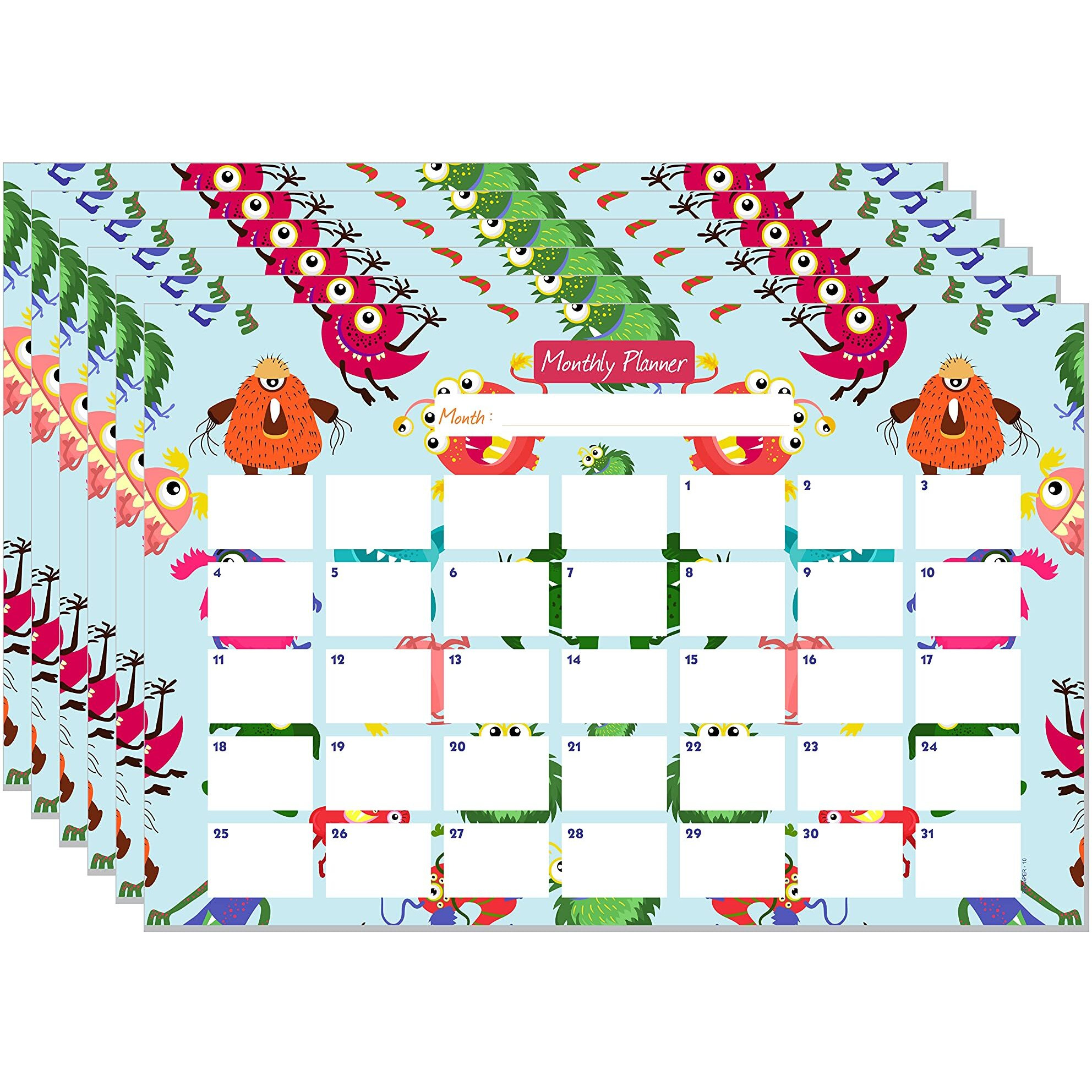 ESCAPER Monster Theme Monthly Planner Sheets - Pack of 6, A3-Sized Sheets for 6 Months of Productive Planning and Organizing