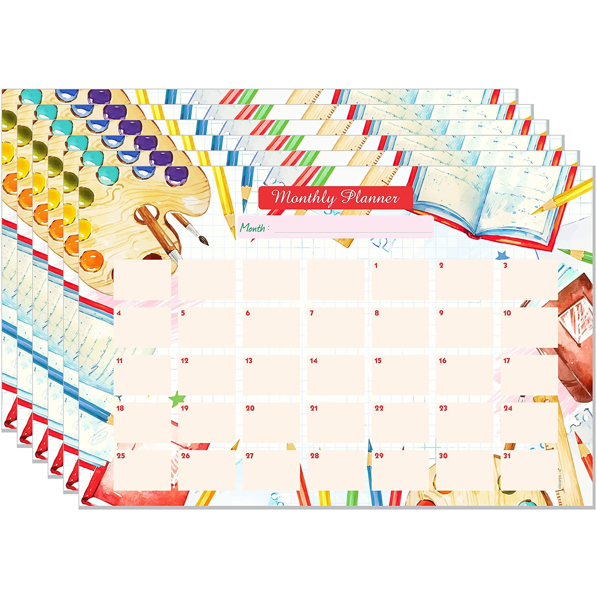 ESCAPER School Theme Monthly Planner Sheets - Pack of 6, A3-Sized Sheets for 6 Months of Productive Planning and Organizing
