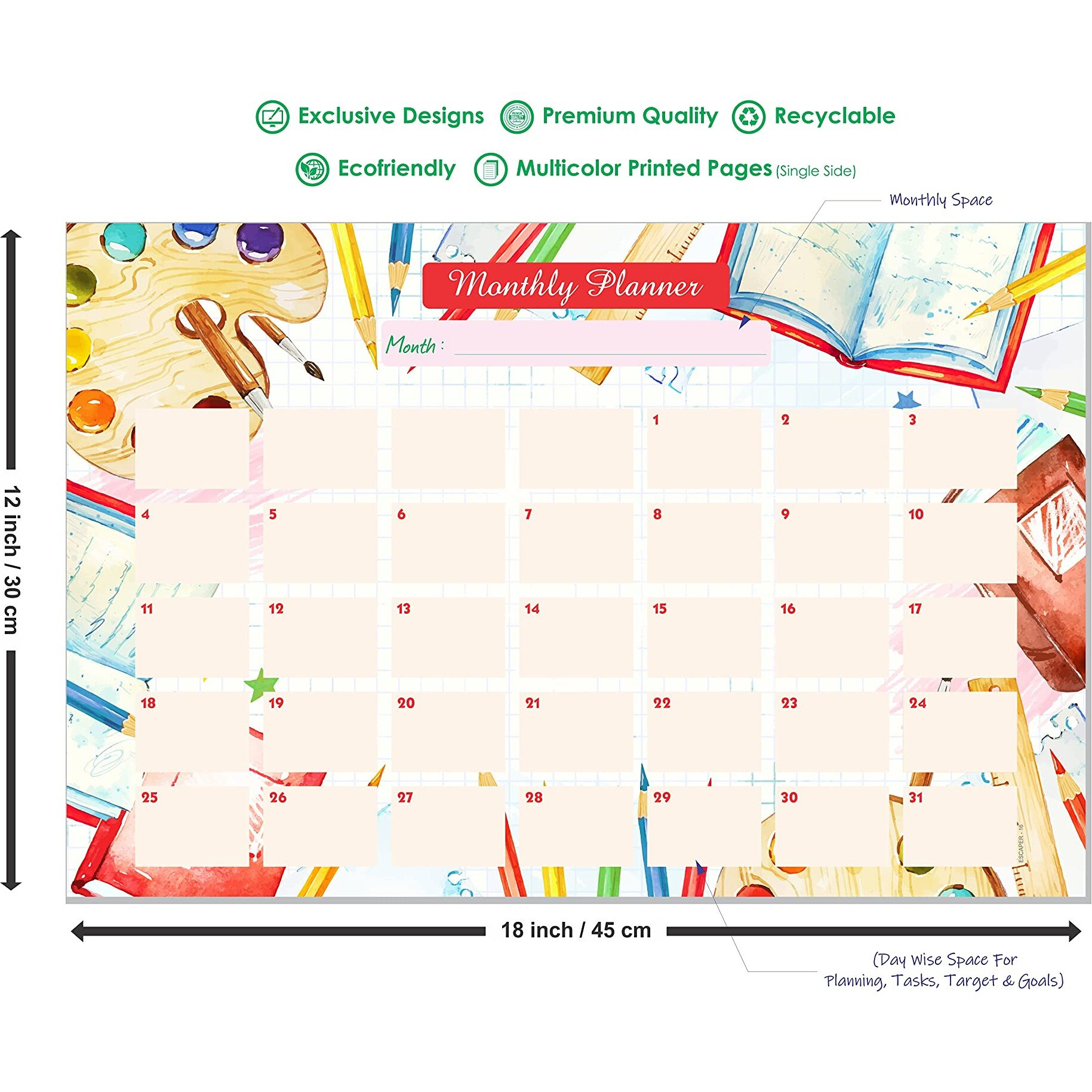 ESCAPER School Theme Monthly Planner Sheets - Pack of 6, A3-Sized Sheets for 6 Months of Productive Planning and Organizing