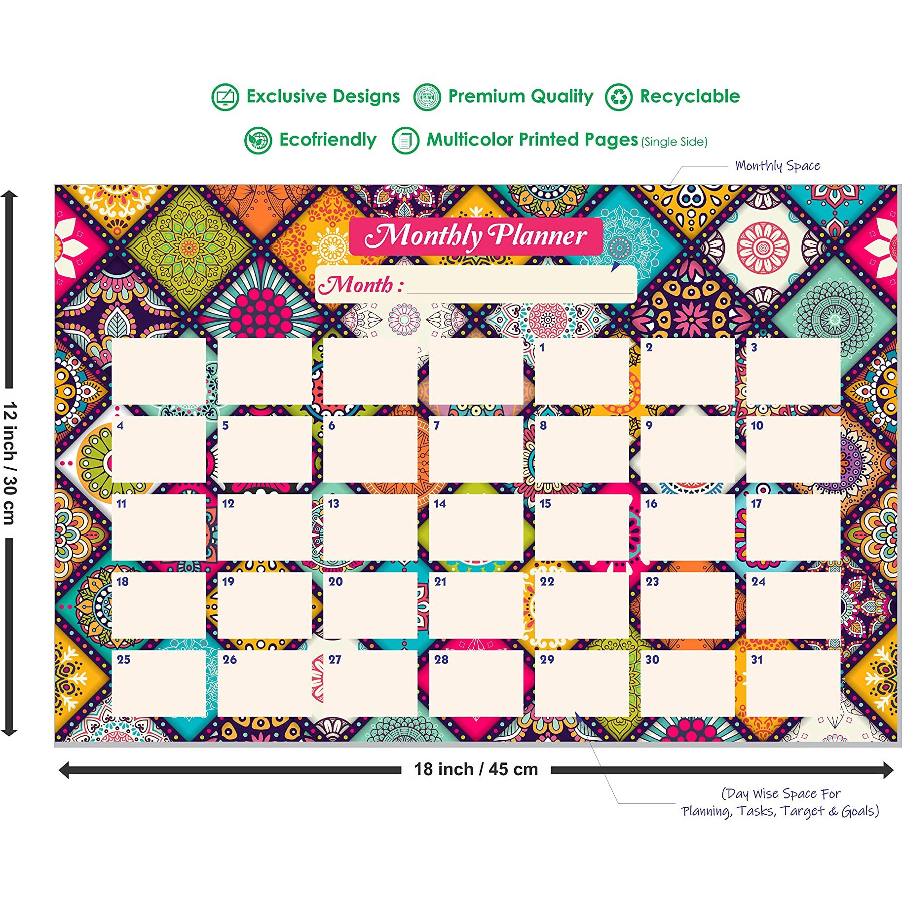 ESCAPER Mandala Art Theme Monthly Planner 2023 Sheets | A3 Size Sheets - Pack of 6 Sheets | Monthly Organizer | Annual Planner | Study Planner | Student Planner | Monthly Planner