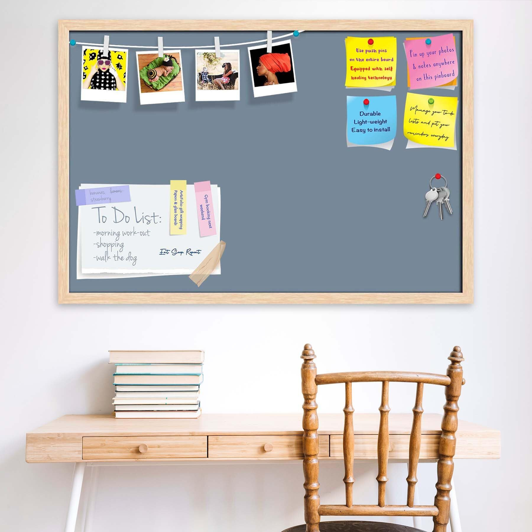 ArtzFolio Greys Family Light Slate Gray Colour | Bulletin Board Notice Pin Board | Vision Soft Board Combo with Thumb Push Pins & Sticky Notes | Natural Brown Frame | 24 x 16 inch (61 x 41 cms)