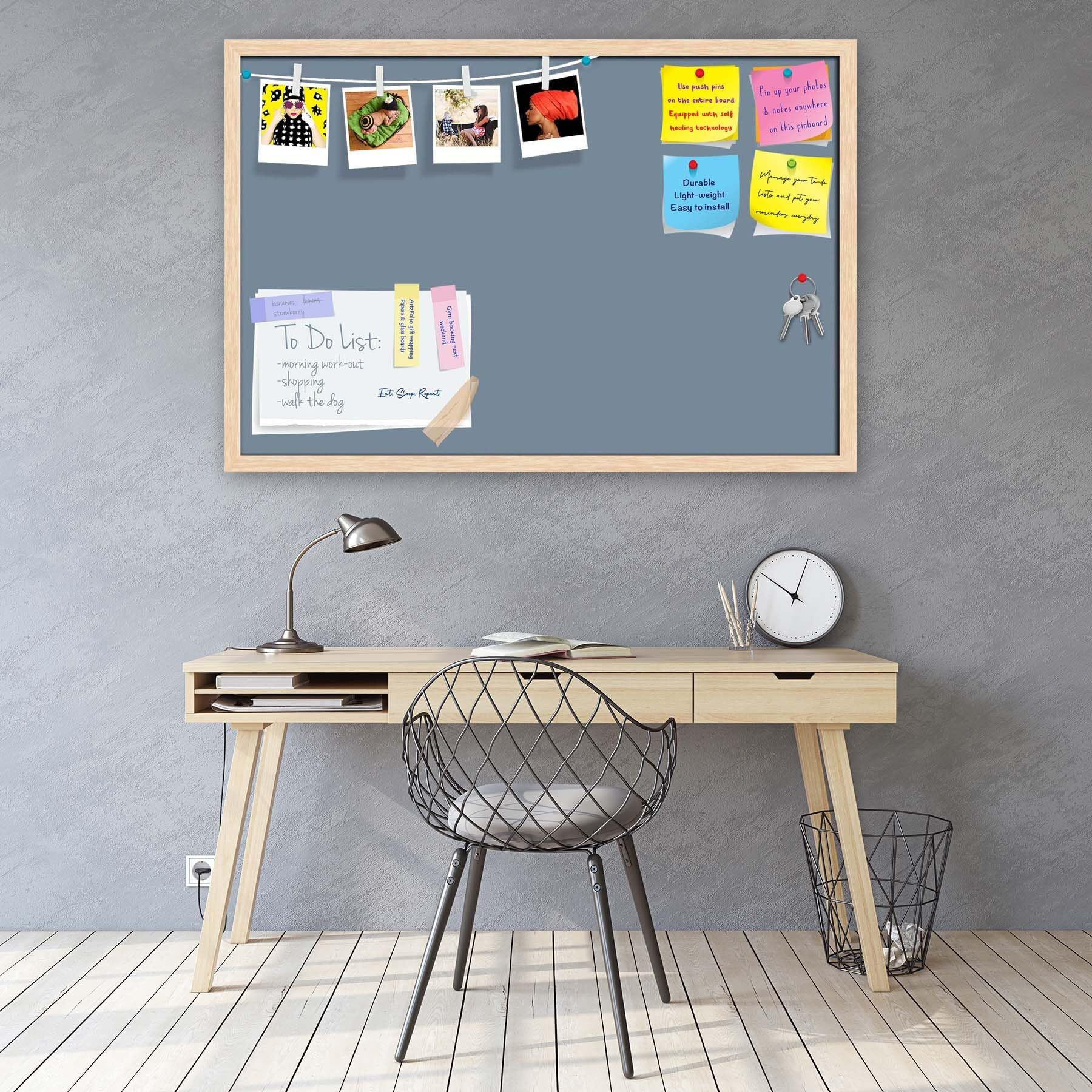 ArtzFolio Greys Family Light Slate Gray Colour | Bulletin Board Notice Pin Board | Vision Soft Board Combo with Thumb Push Pins & Sticky Notes | Natural Brown Frame | 24 x 16 inch (61 x 41 cms)
