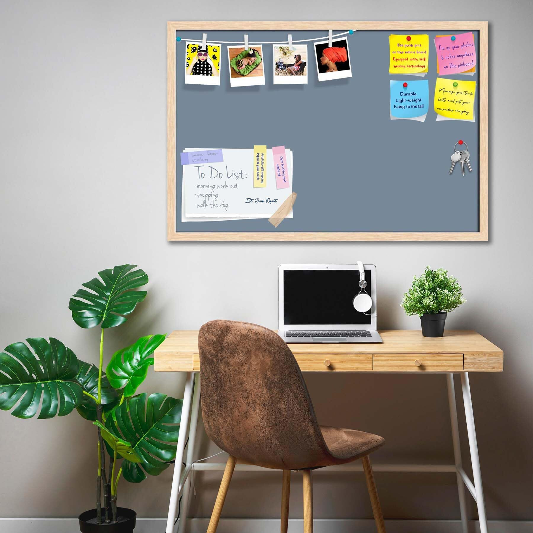 ArtzFolio Greys Family Light Slate Gray Colour | Bulletin Board Notice Pin Board | Vision Soft Board Combo with Thumb Push Pins & Sticky Notes | Natural Brown Frame | 24 x 16 inch (61 x 41 cms)