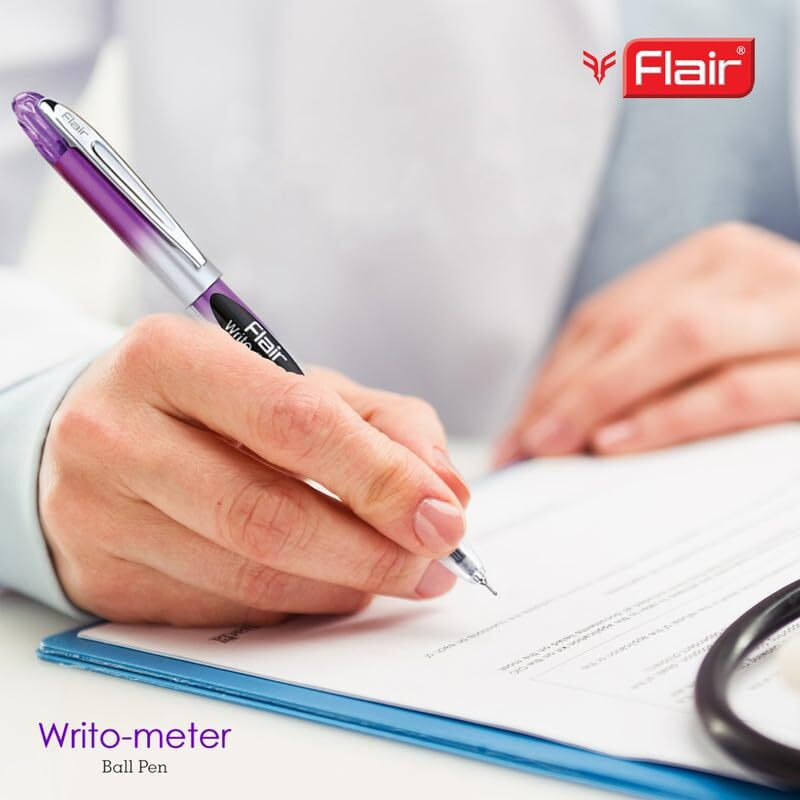 FLAIR Writometer Ball Pen | Stainless Steel Tip | Our Longest Writing Pens | Ensures Smoothness & Durability | Blue Ink, Pack of 4