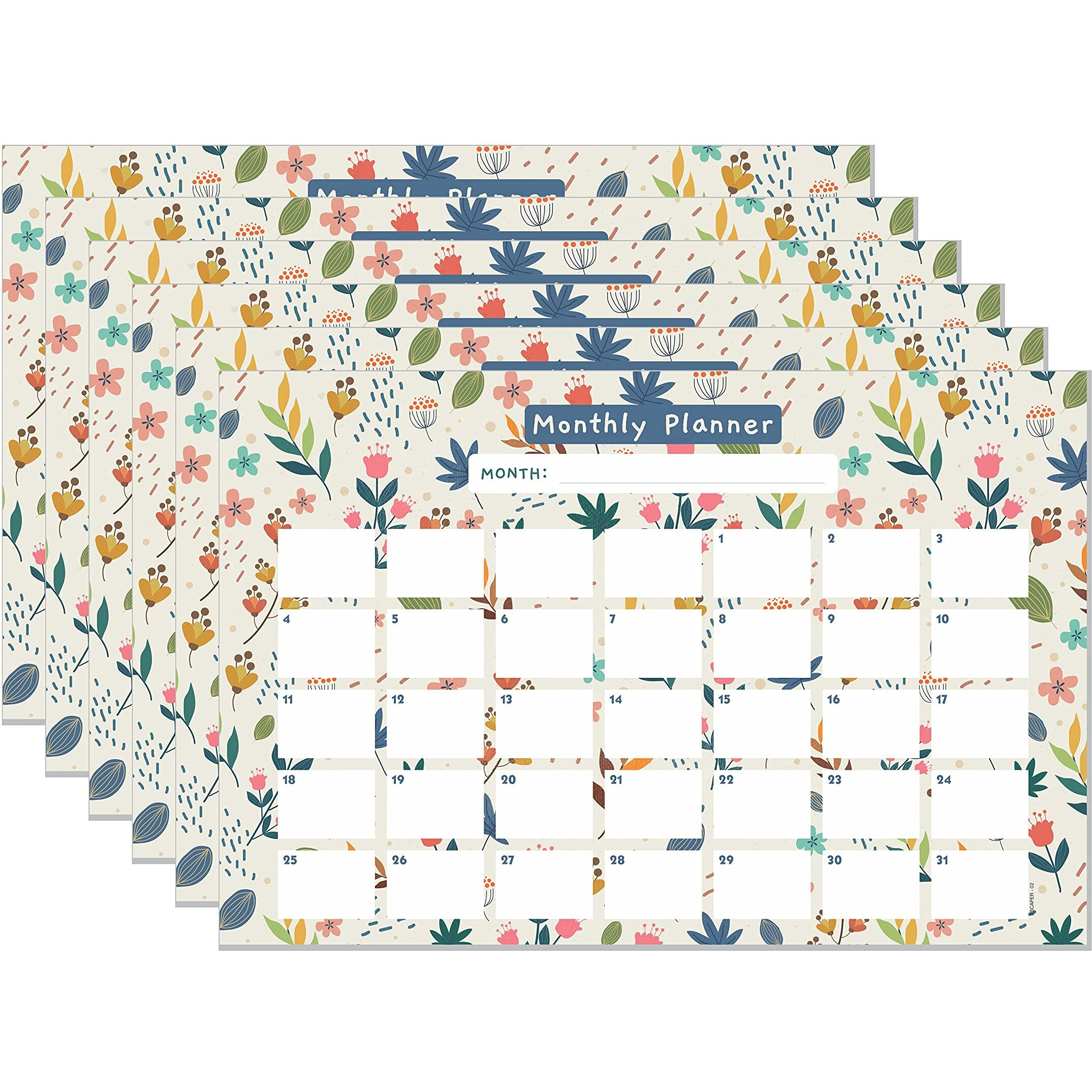ESCAPER Cream Floral Theme Monthly Planner Sheets - Pack of 6, A3-Sized Sheets for 6 Months of Productive Planning and Organizing