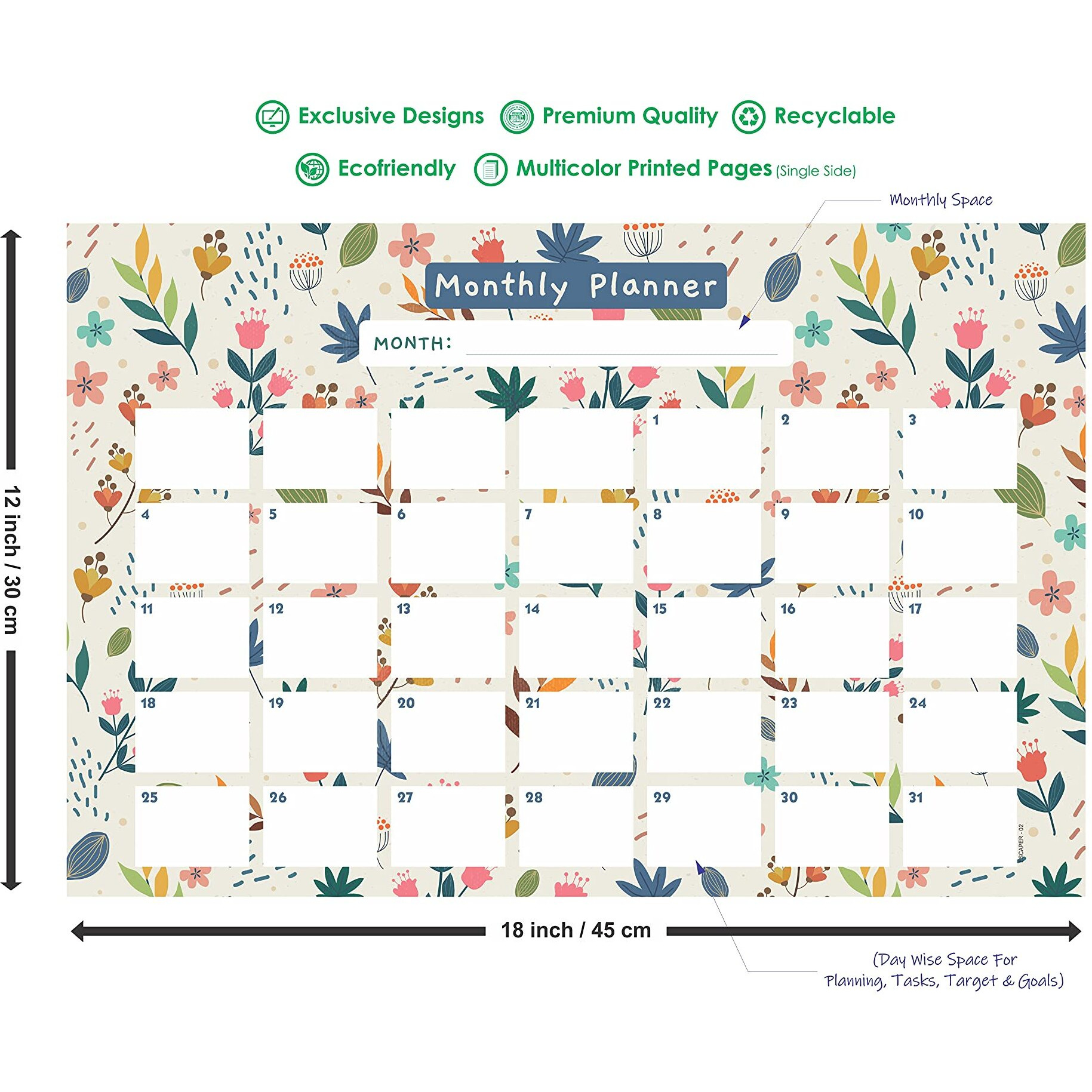 ESCAPER Cream Floral Theme Monthly Planner Sheets - Pack of 6, A3-Sized Sheets for 6 Months of Productive Planning and Organizing