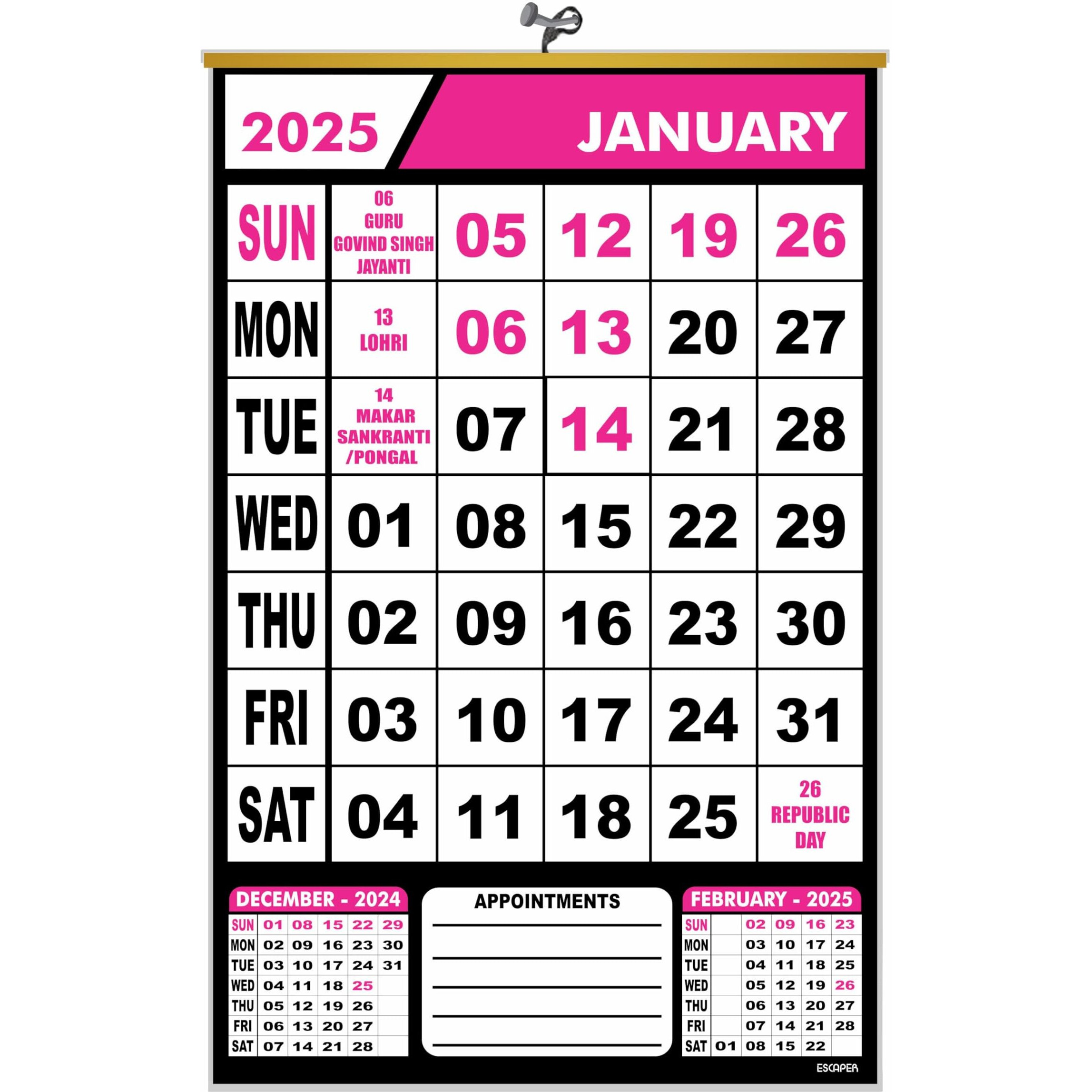 ESCAPER 2025 Wall Calendar Hanging for Home & Office Use, Office Wall Calendar 2025 Hanging, Home Wall Calendar Hanging, Indian Holidays Mentioned, Appointment Planning (Pink, 3 Qty)