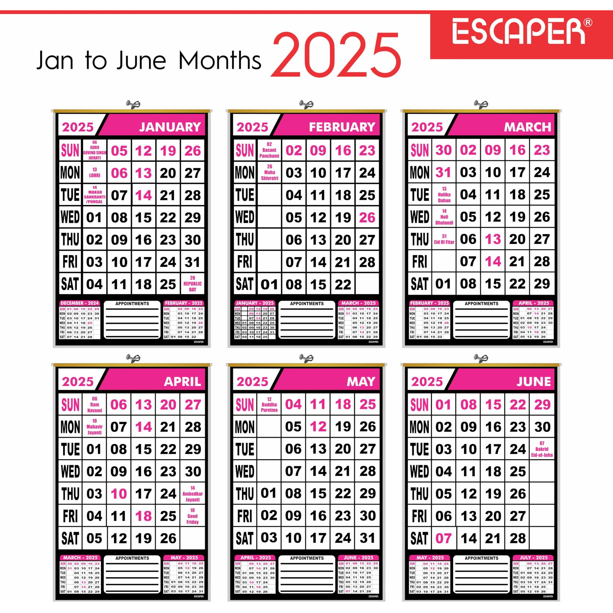 ESCAPER 2025 Wall Calendar Hanging for Home & Office Use, Office Wall Calendar 2025 Hanging, Home Wall Calendar Hanging, Indian Holidays Mentioned, Appointment Planning (Pink, 3 Qty)